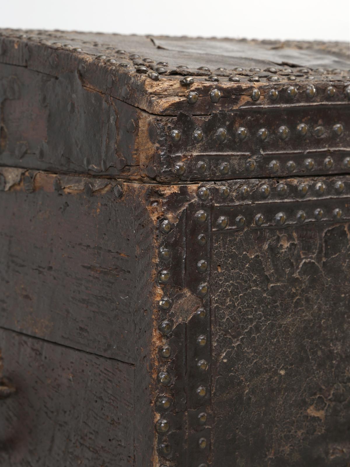 Antique Spanish Leather Trunk and a Barley Twist Stand, circa 1600s 6