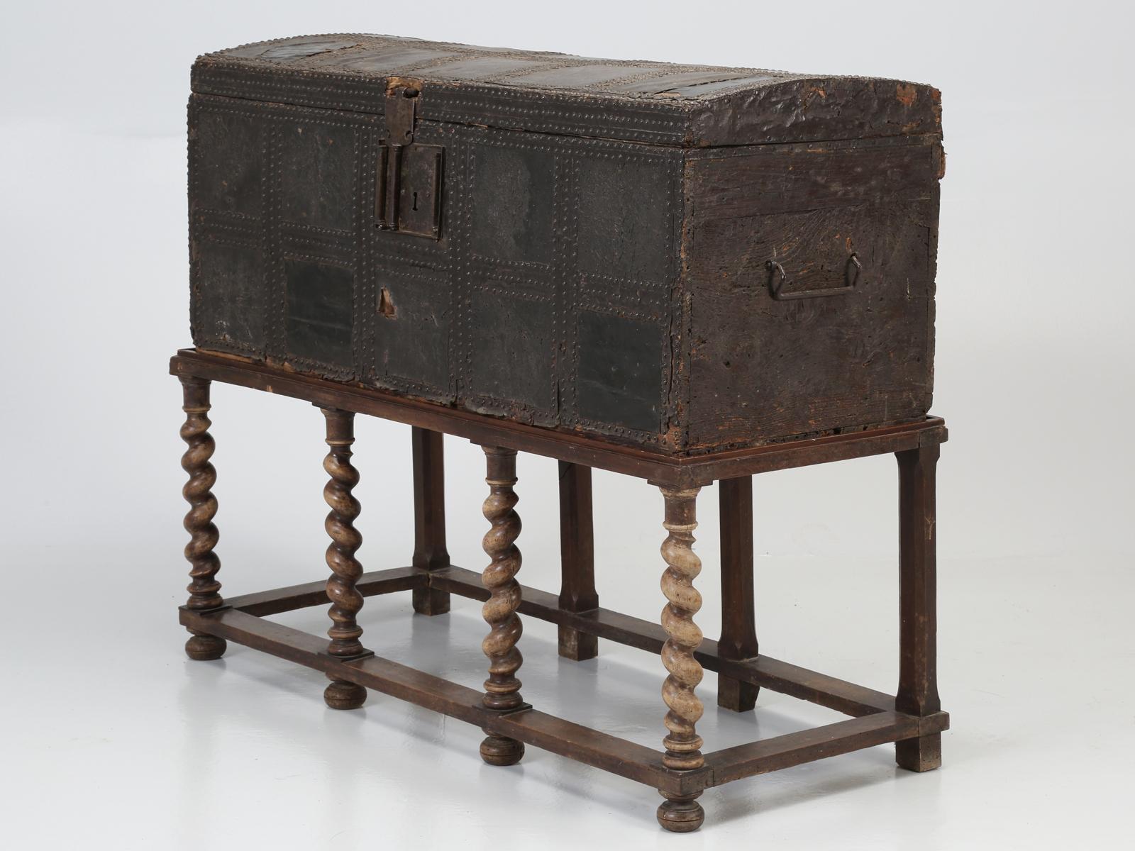 Antique Spanish Leather Trunk and a Barley Twist Stand, circa 1600s 7