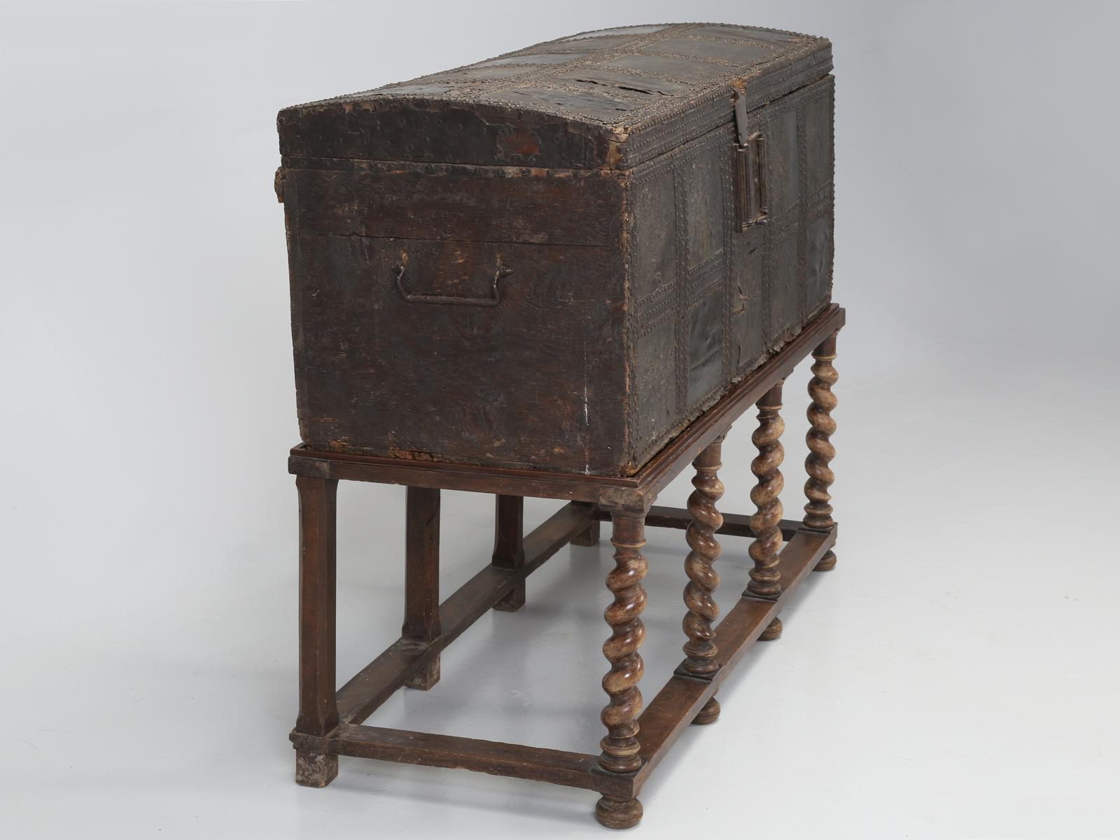 Antique Spanish Leather Trunk and a Barley Twist Stand, circa 1600s 9