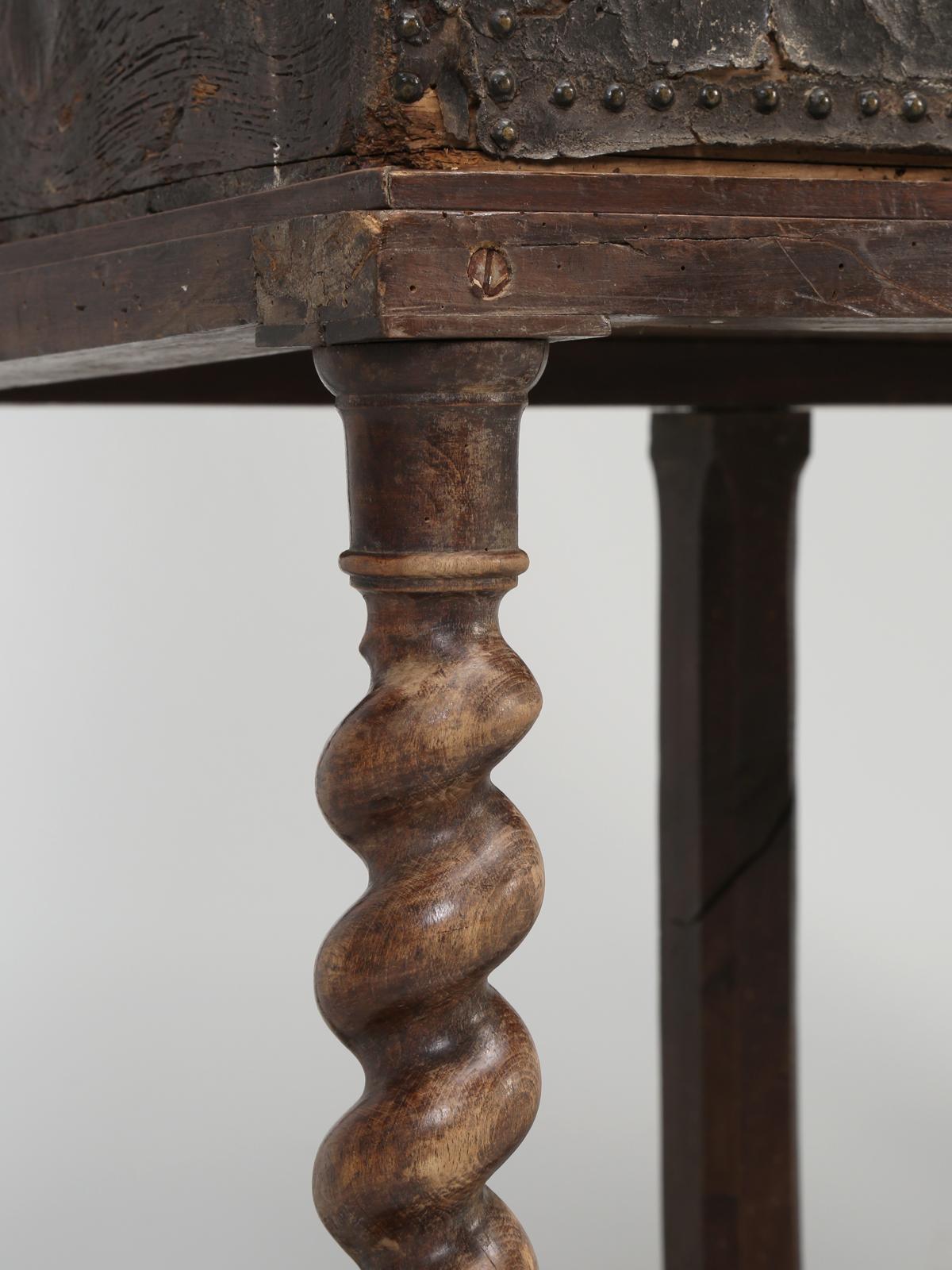 Antique Spanish Leather Trunk and a Barley Twist Stand, circa 1600s 11