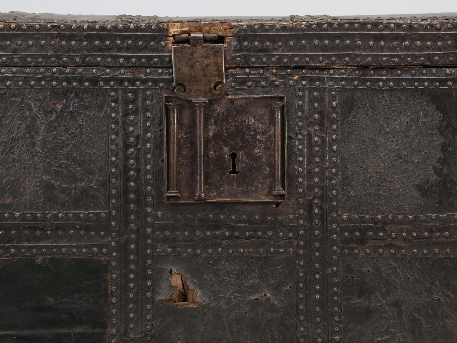 Trunks have been around for several thousand years, beginning in China and were typically constructed with a wooden pine box, covered with some sort of decorative material. Many of the earliest trunks, including our Spanish trunk, were covered with