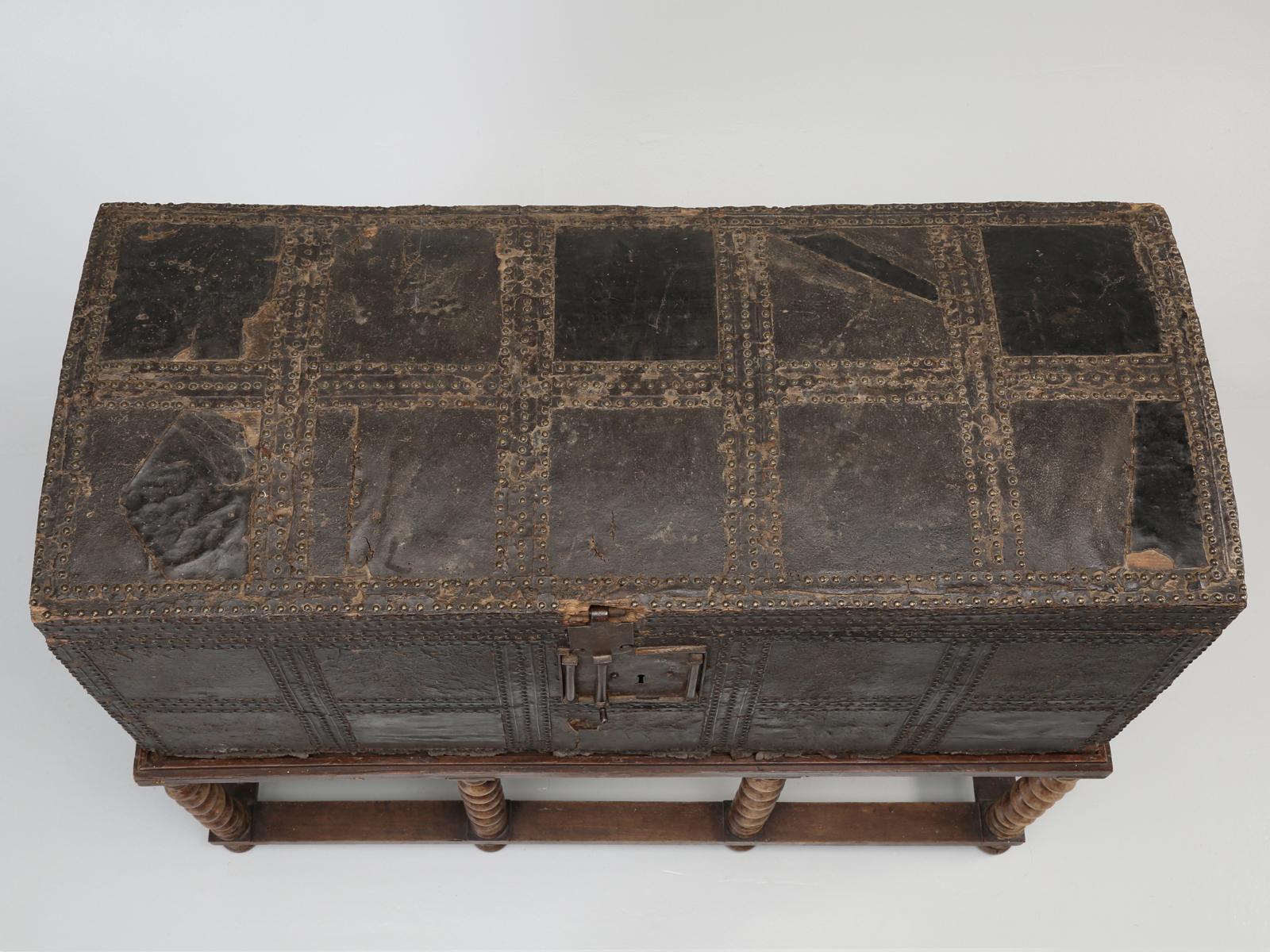 18th Century and Earlier Antique Spanish Leather Trunk and a Barley Twist Stand, circa 1600s
