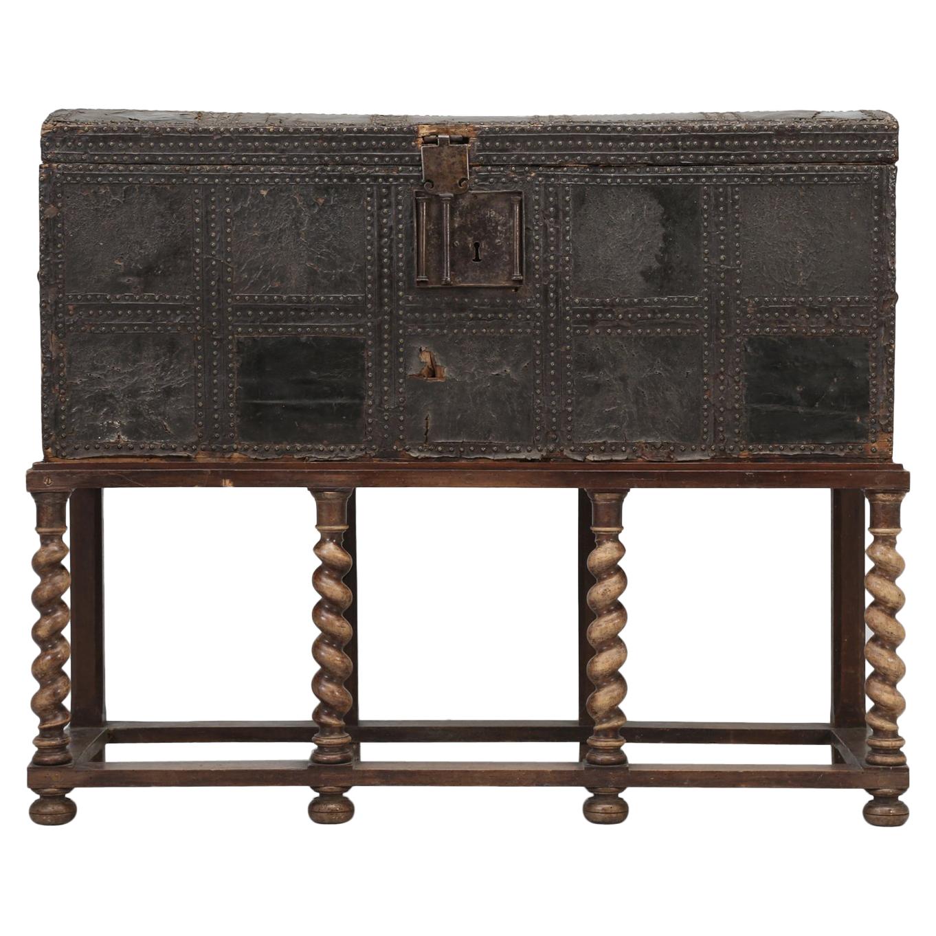 Antique Spanish Leather Trunk and a Barley Twist Stand, circa 1600s