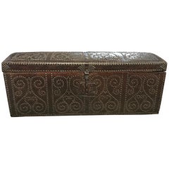 Antique Spanish Leather Trunk with Brass Studs