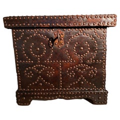 Antique Spanish Leather Trunk with Metal Decorations in Dark Brown Leather
