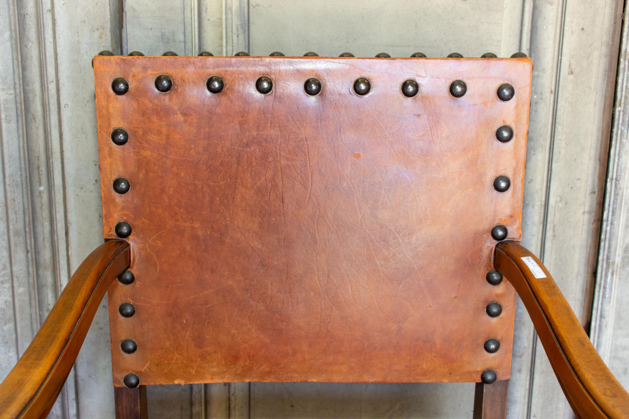 Antique Spanish Leather & Wood Armchair with Brass Nailhead Details For Sale 3