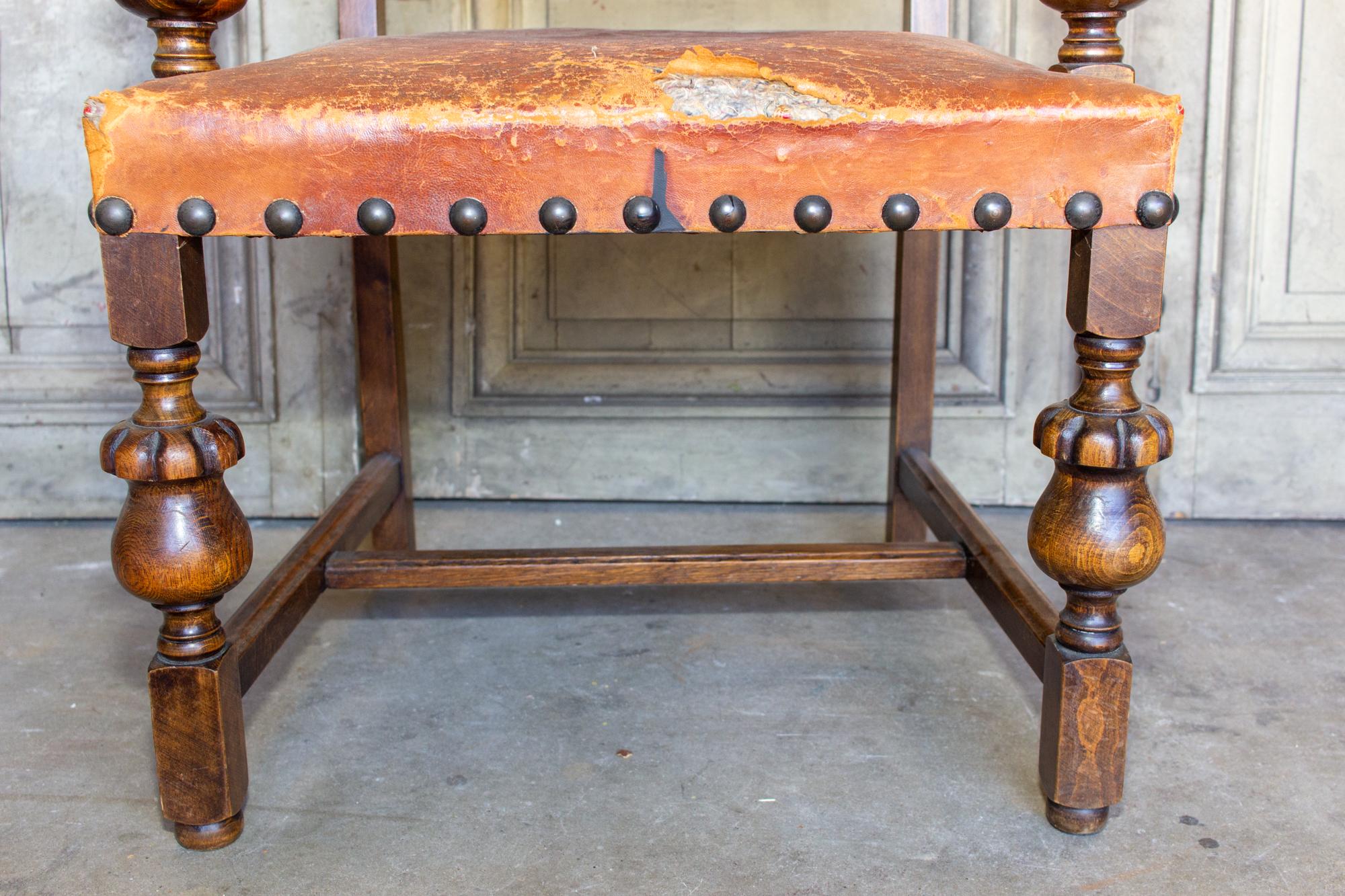 Antique Spanish Leather & Wood Armchair with Brass Nailhead Details For Sale 5