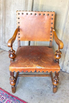 Antique Spanish Leather & Wood Armchair with Brass Nailhead Details