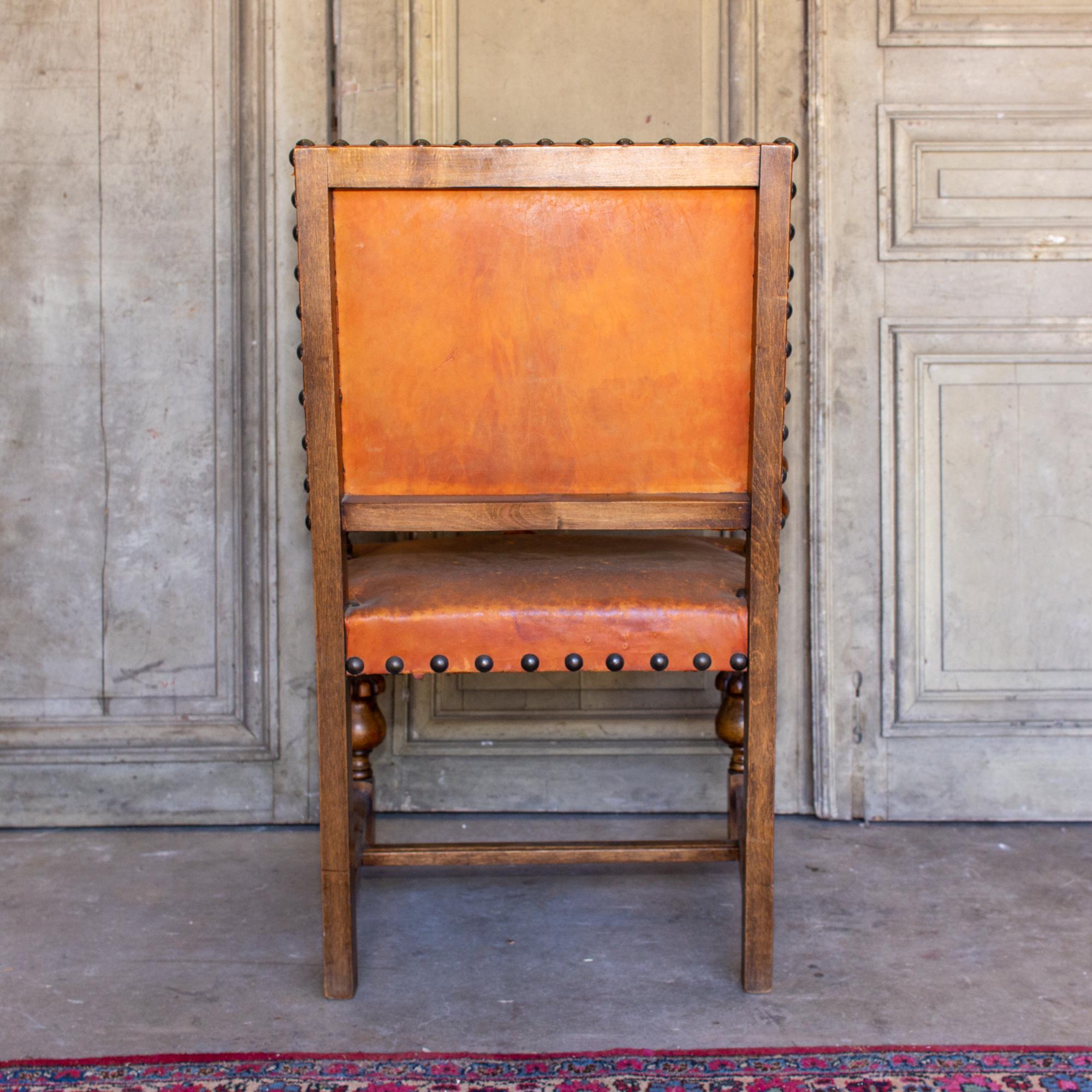 Spanish Colonial Antique Spanish Leather & Wood Armchair with Brass Nailhead Details For Sale