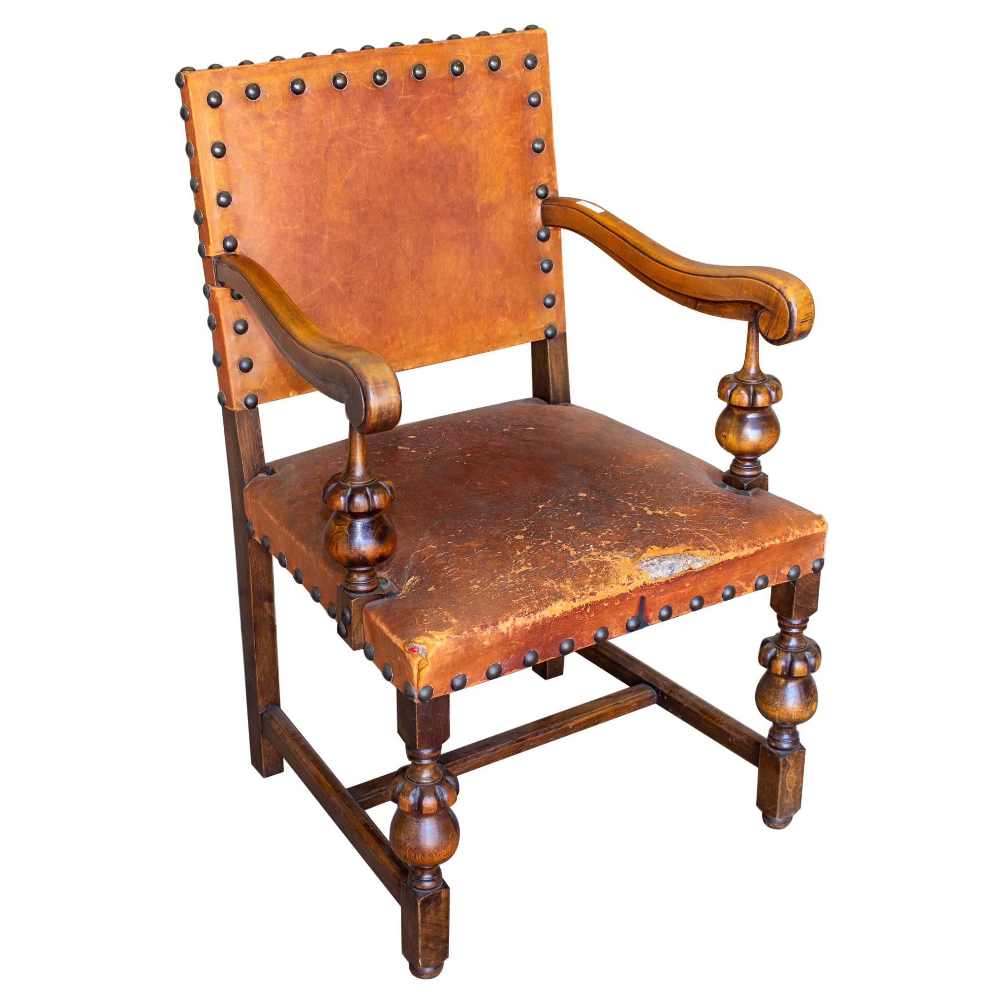 Antique Spanish Leather & Wood Armchair with Brass Nailhead Details For Sale
