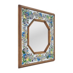 Antique Mirror espagnol, Wood & Ceramic Multicolored Floral Motifs, circa 1965