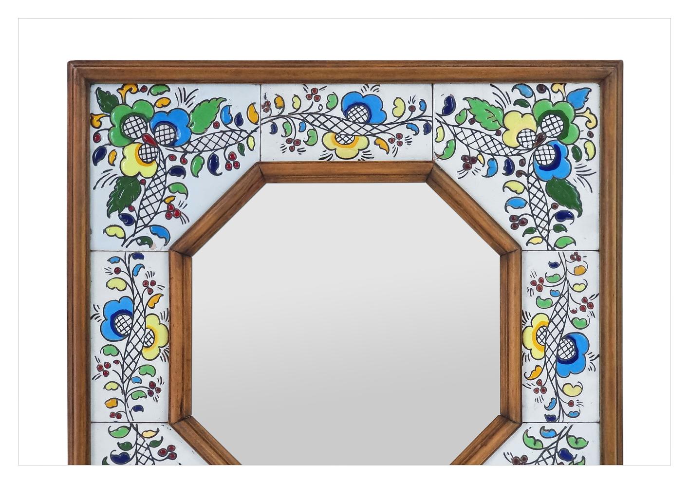 Spagnolo Antique Mirror spagnolo, legno e ceramica con motivi floreali multicolore, circa 1965 in vendita
