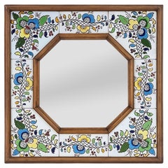 Antique Spanish Mirror, Holz & Keramik Mehrfarbige Blumenmotive, um 1965