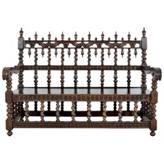 Antique Spanish Moorish Baroque Walnut Carved Barley-Twist Bench, circa 1850