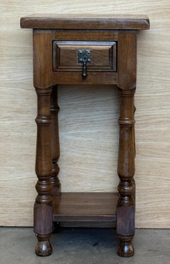 Antique Spanish Narrow Walnut Nightstands with Drawer & Lower Shelf