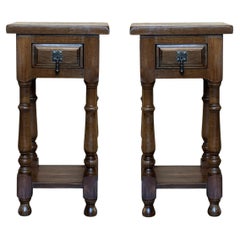 Antique Spanish Narrow Walnut Nightstands with Drawer & Lower Shelf