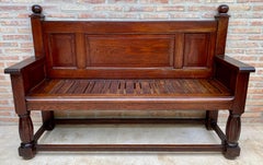 Antique Spanish Oak Bench with Paneled Back and Turned Legs