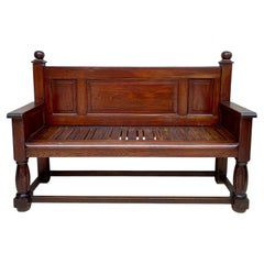 Antique Spanish Oak Bench with Paneled Back and Turned Legs