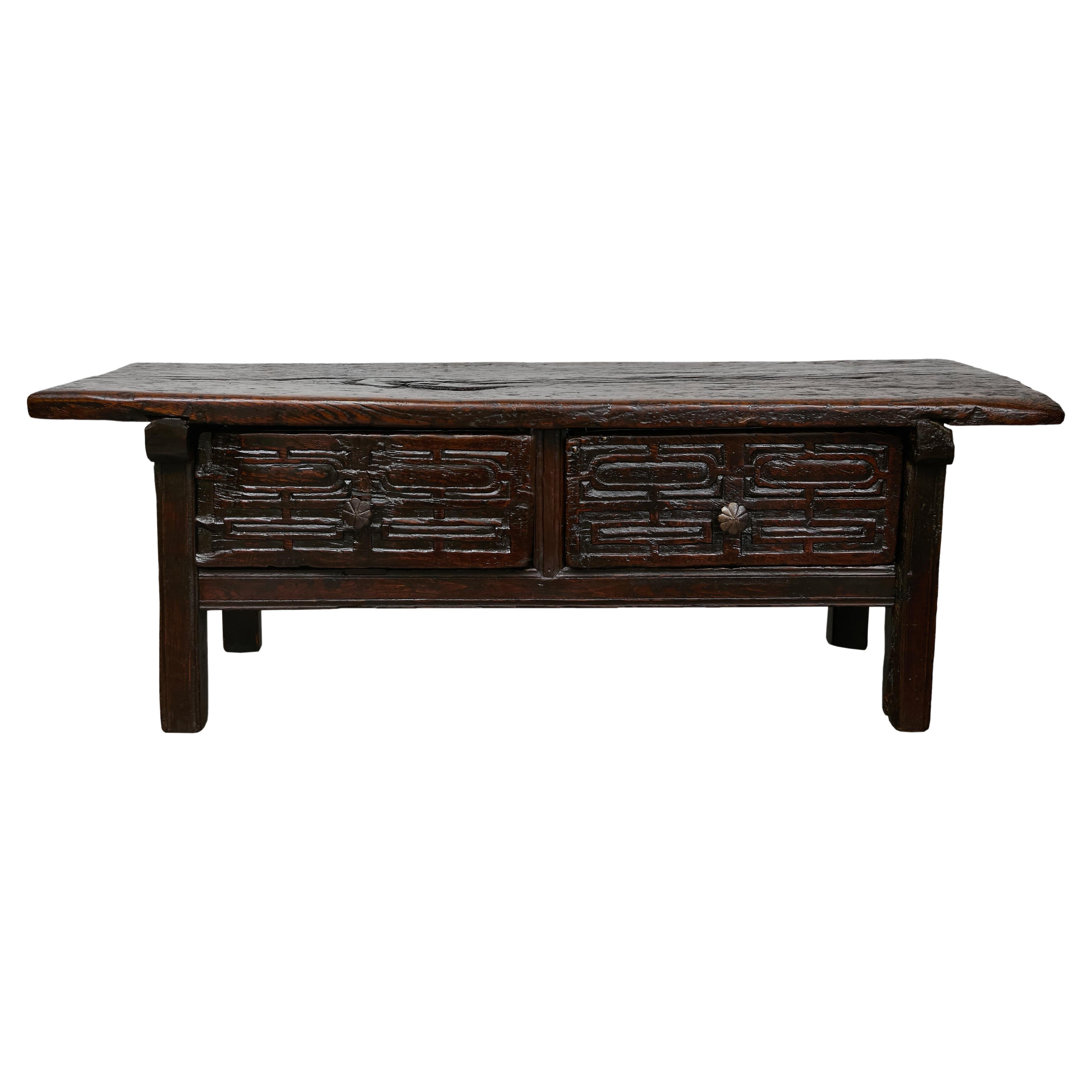 Antique Spanish Oak Coffee Table with Two Carved Drawers, Circa 1800