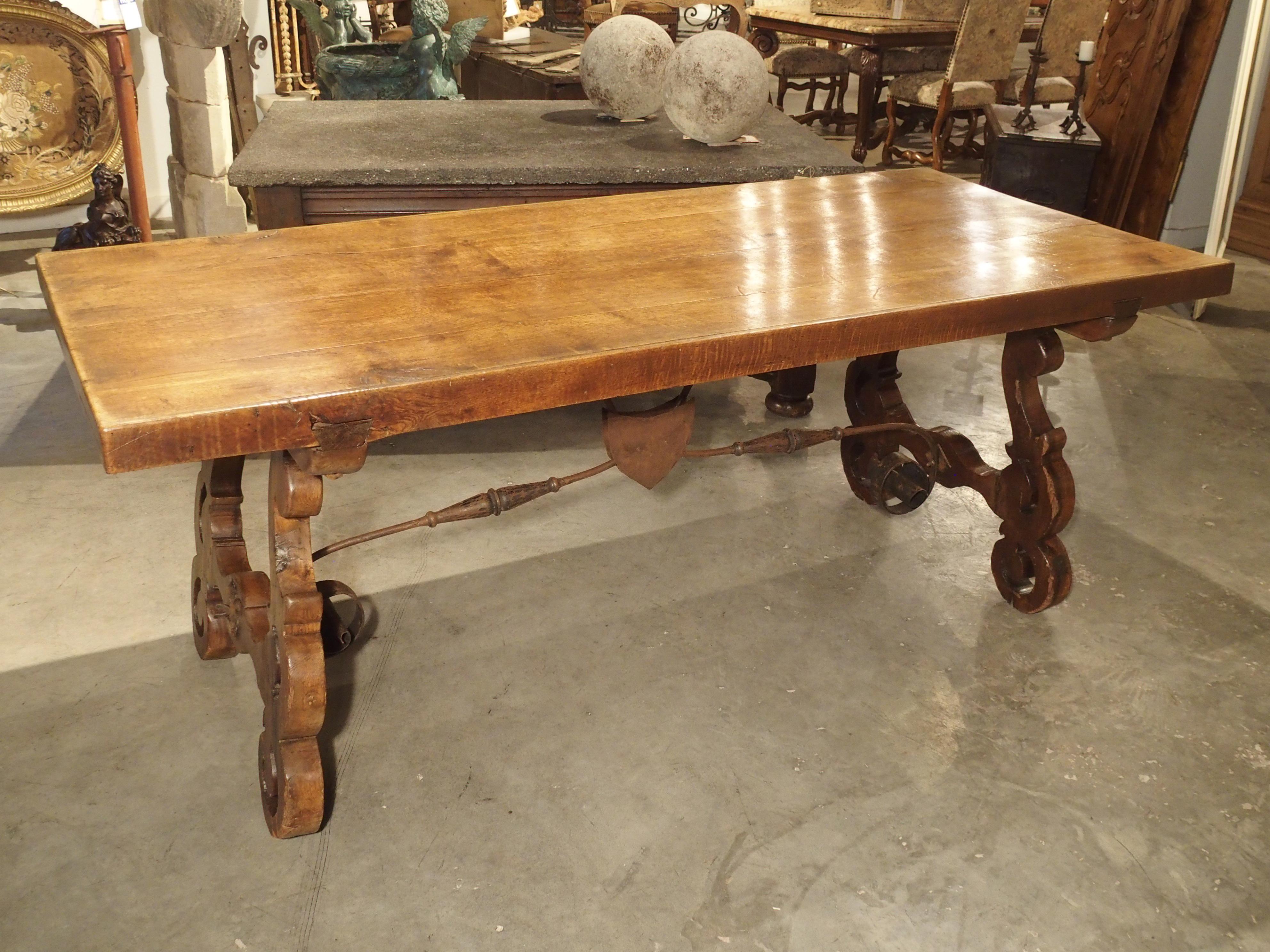 Antique Spanish Oak Table with Wrought Iron Stretcher 8