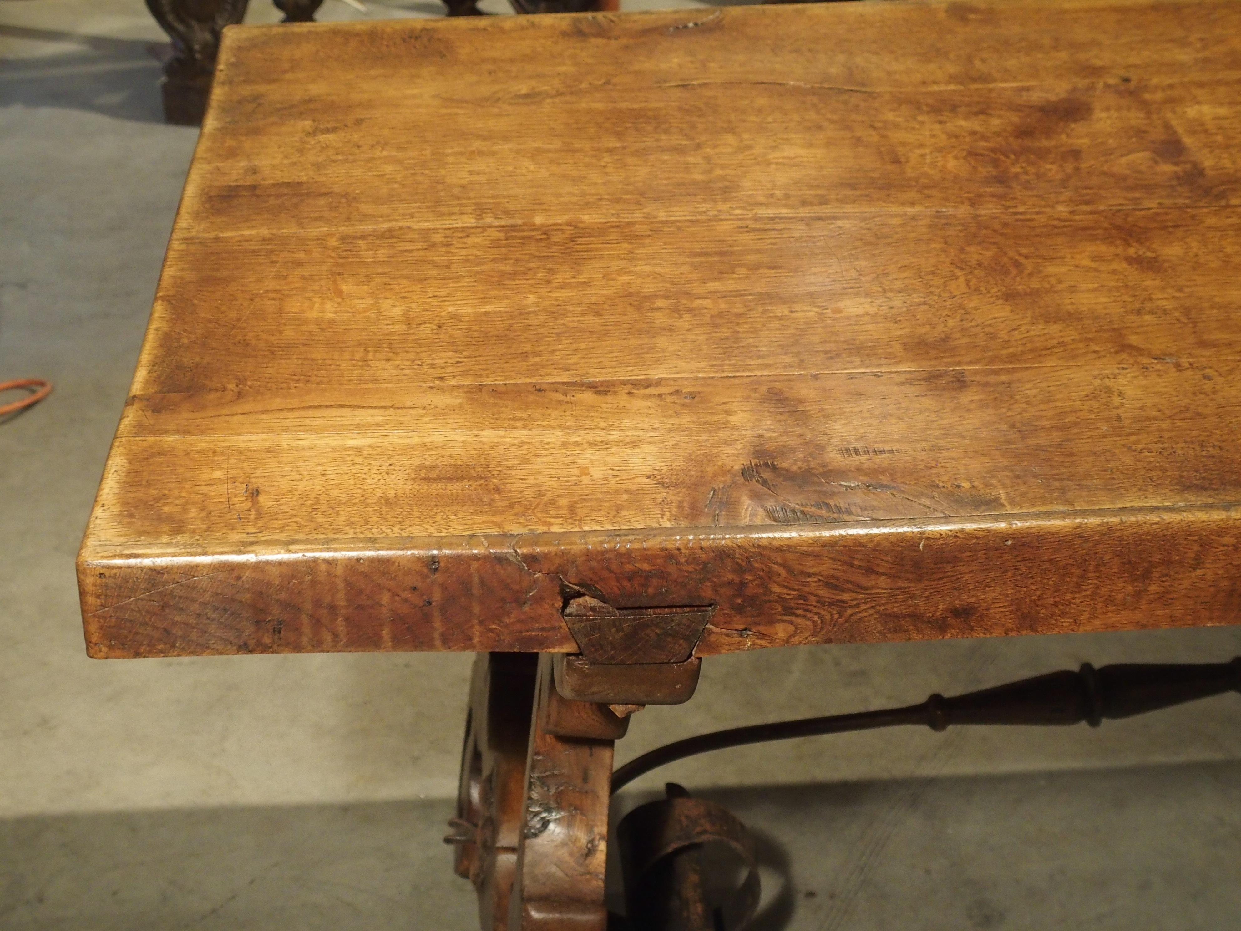 Antique Spanish Oak Table with Wrought Iron Stretcher 10