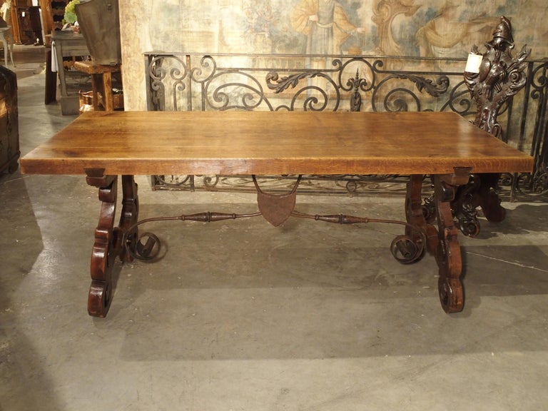 Antique Spanish Oak Table with Wrought Iron Stretcher For Sale at