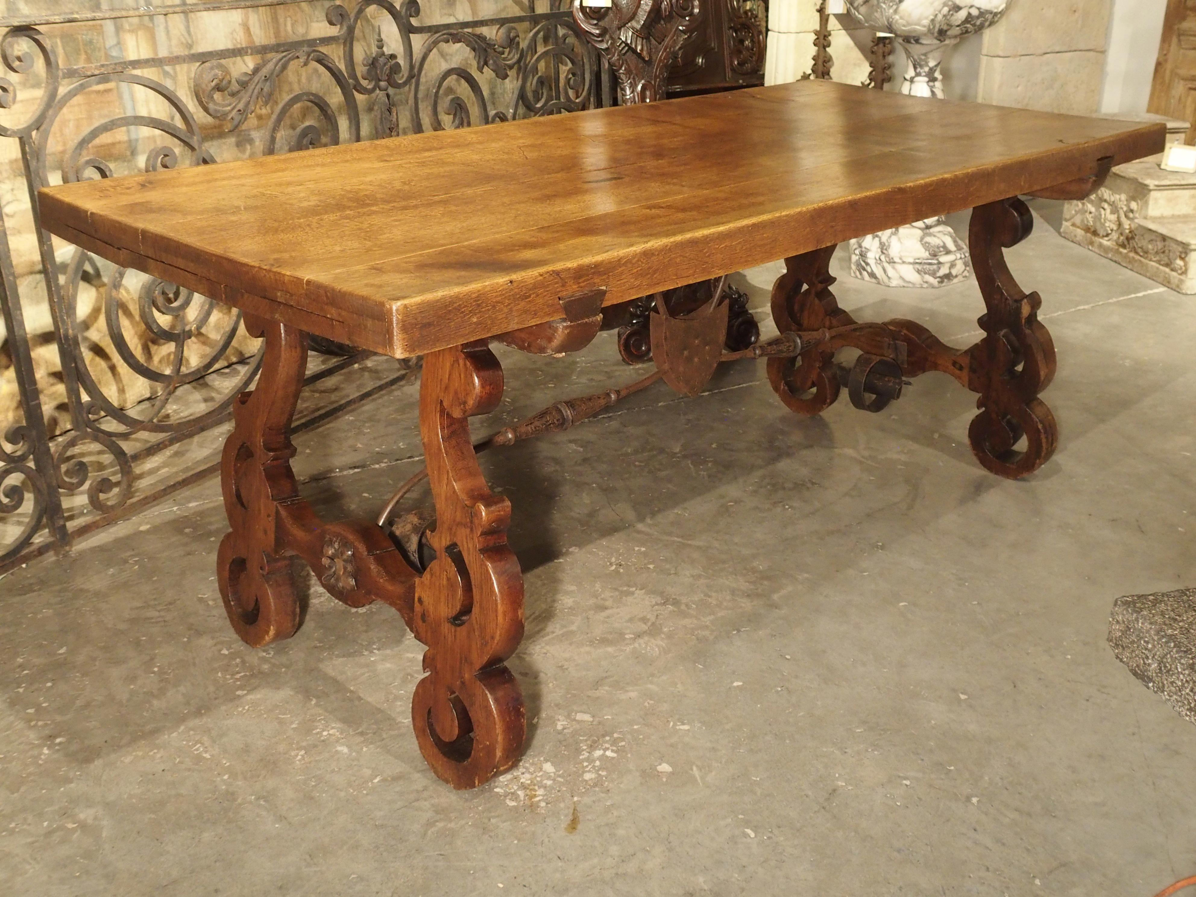 Antique Spanish Oak Table with Wrought Iron Stretcher 16