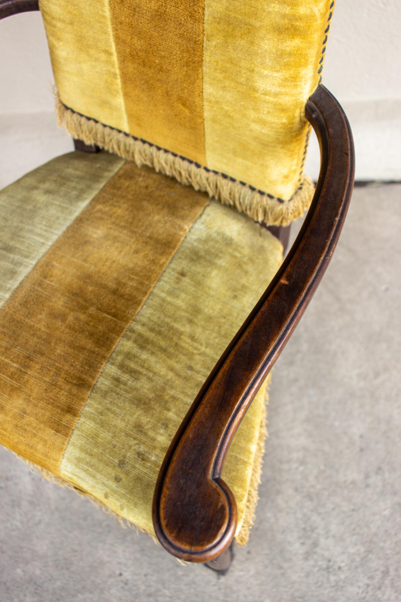 Antique Spanish Oak & Velvet Stripe Armchair with Fringe Detail 7