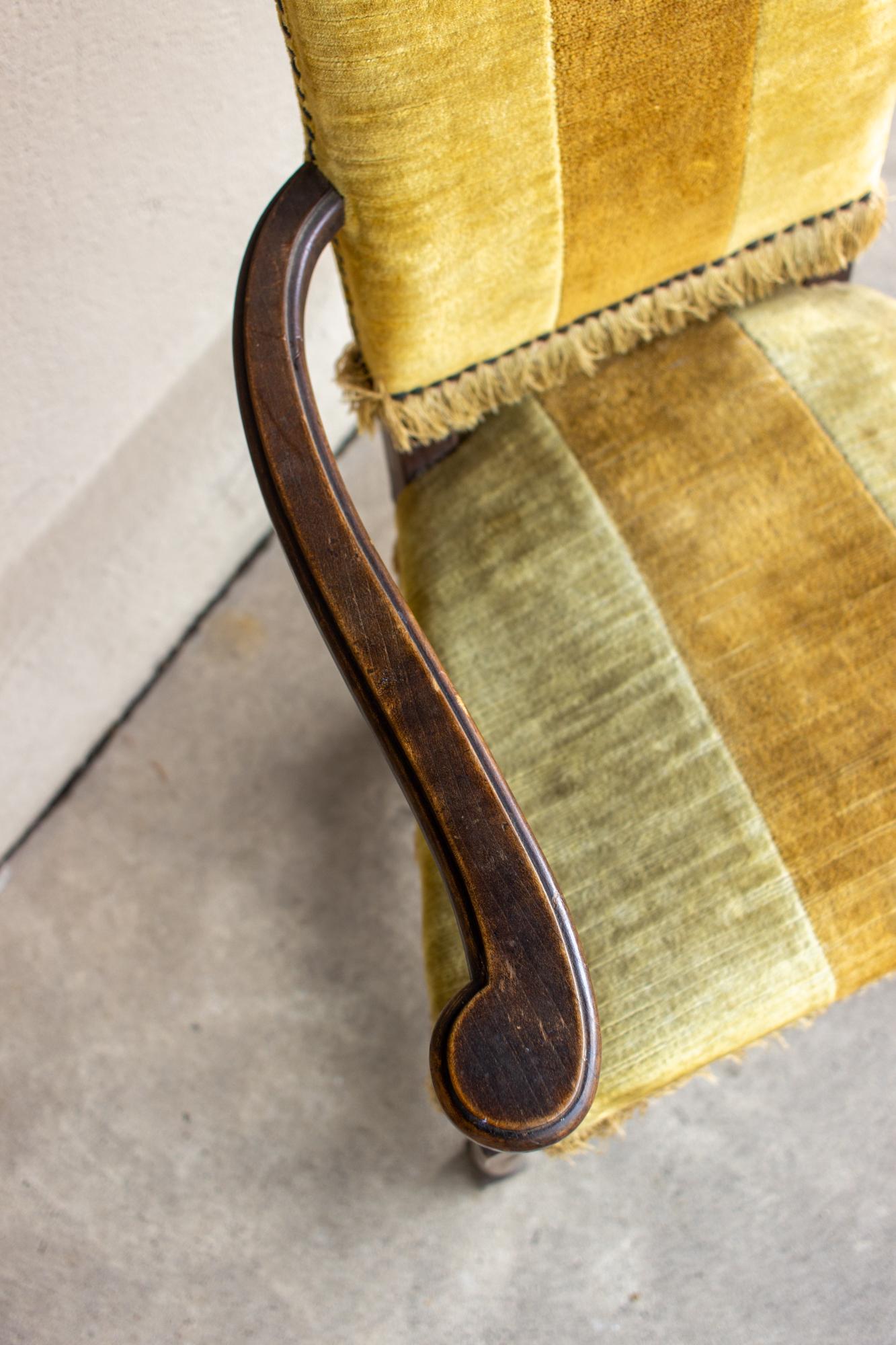 Antique Spanish Oak & Velvet Stripe Armchair with Fringe Detail 8