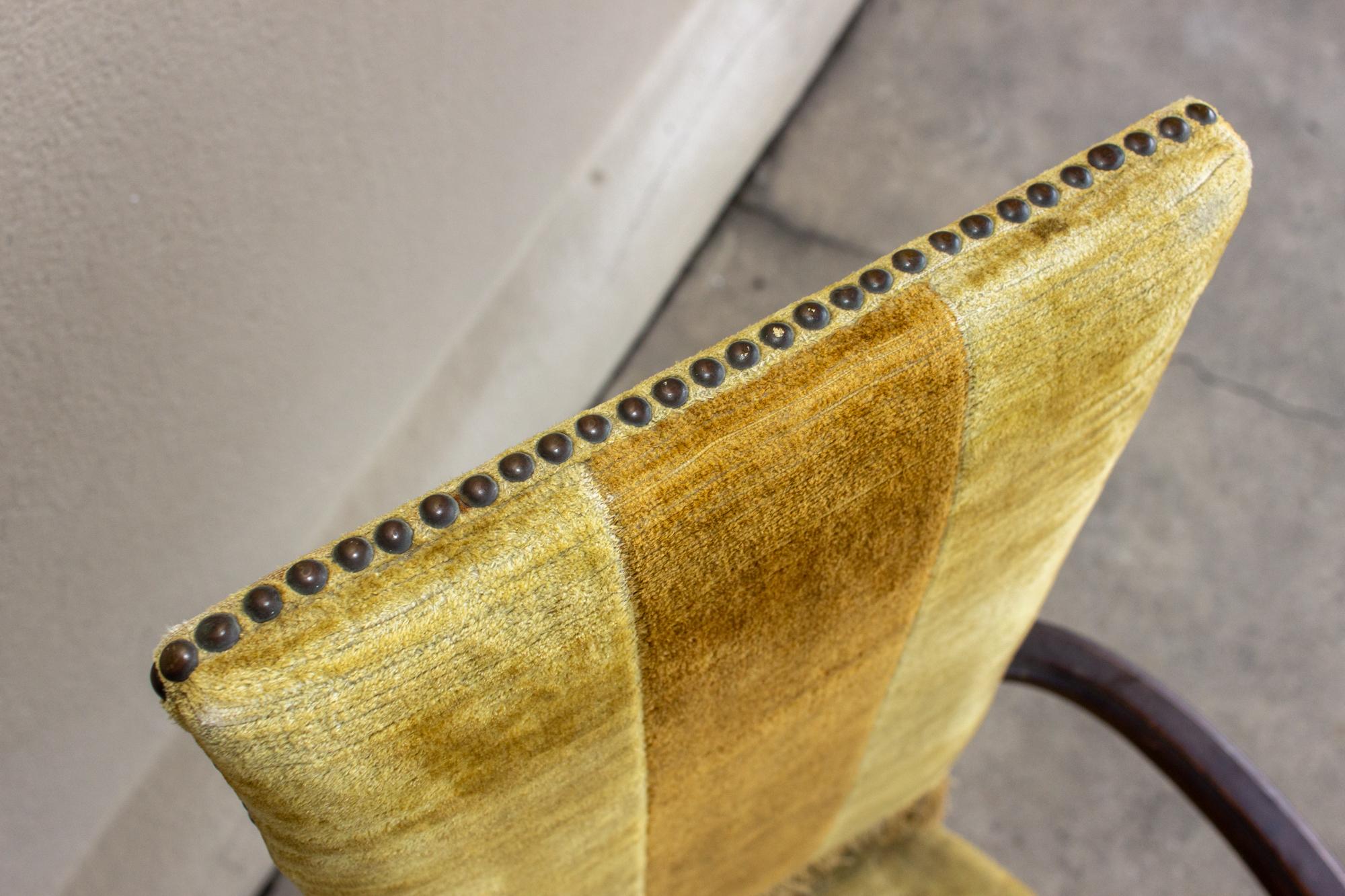 Antique Spanish Oak & Velvet Stripe Armchair with Fringe Detail 9