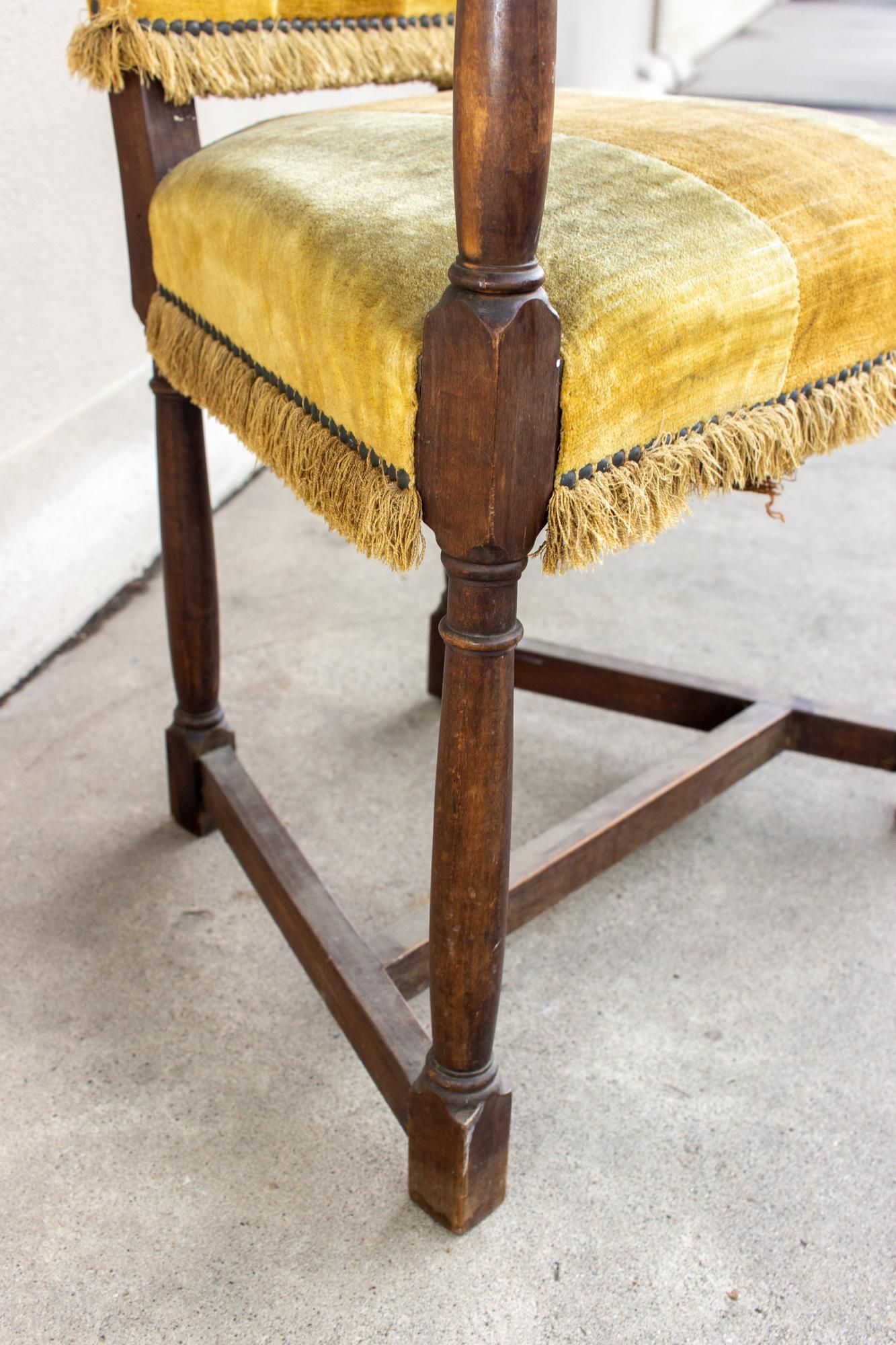 Antique Spanish Oak & Velvet Stripe Armchair with Fringe Detail 10