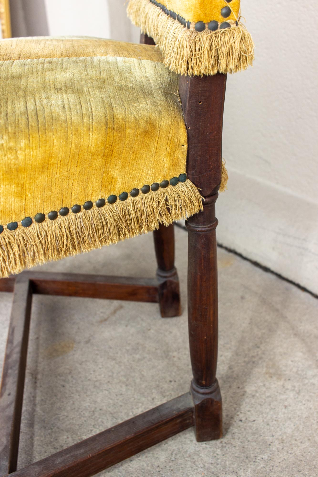 Antique Spanish Oak & Velvet Stripe Armchair with Fringe Detail 11