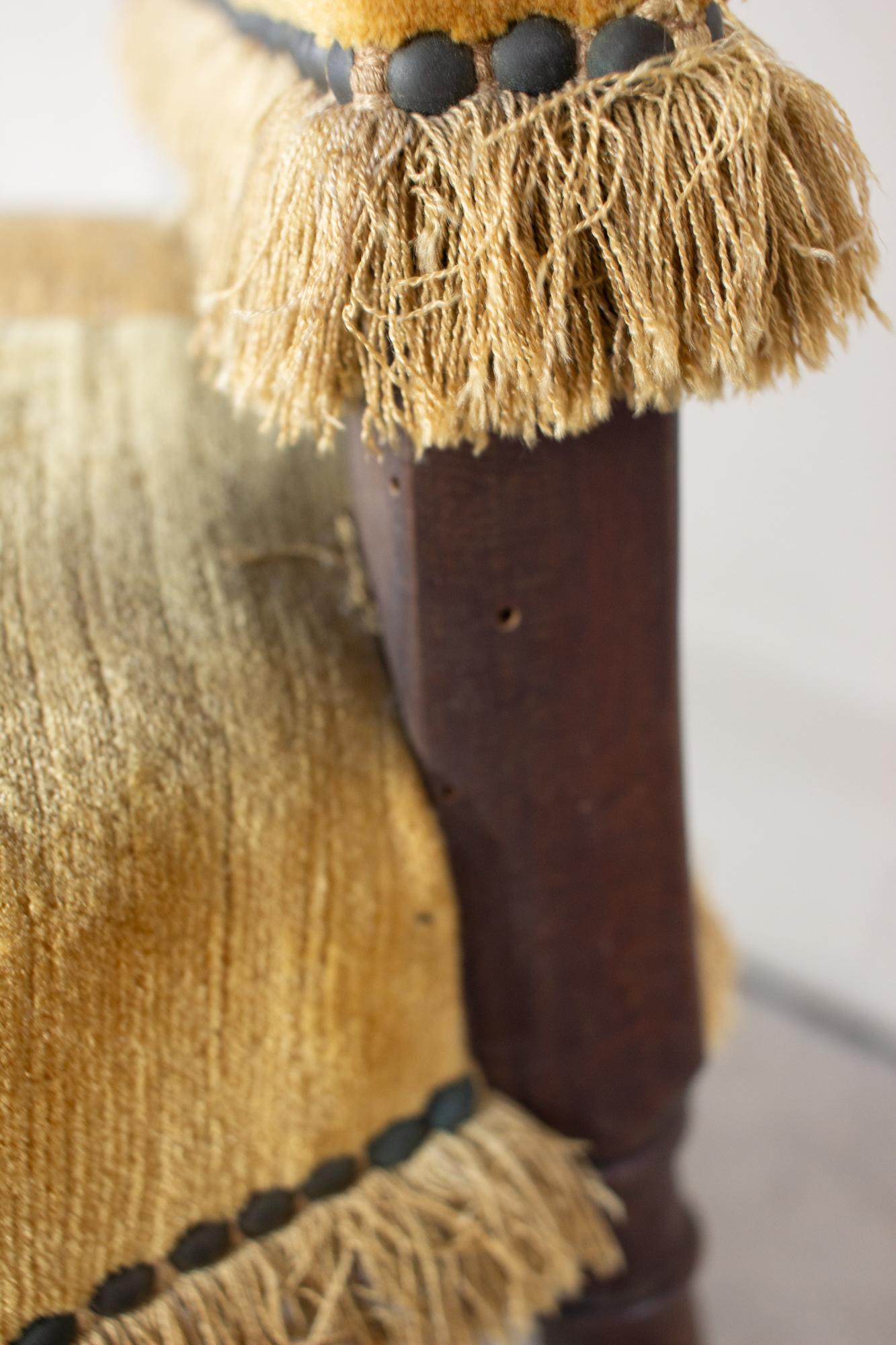 Antique Spanish Oak & Velvet Stripe Armchair with Fringe Detail 12