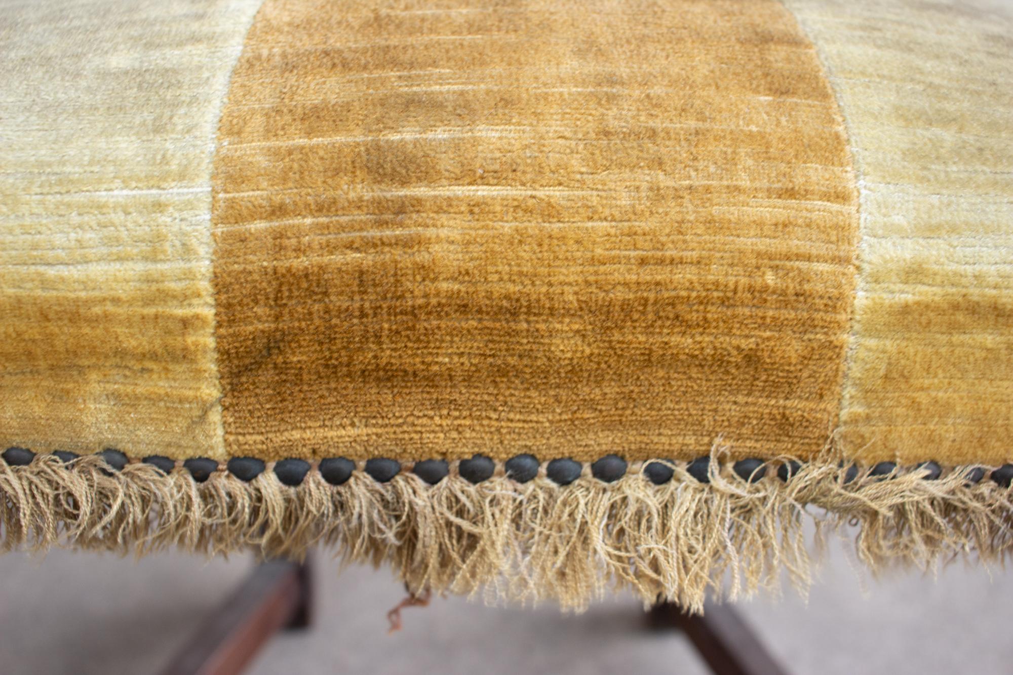Antique Spanish Oak & Velvet Stripe Armchair with Fringe Detail 13