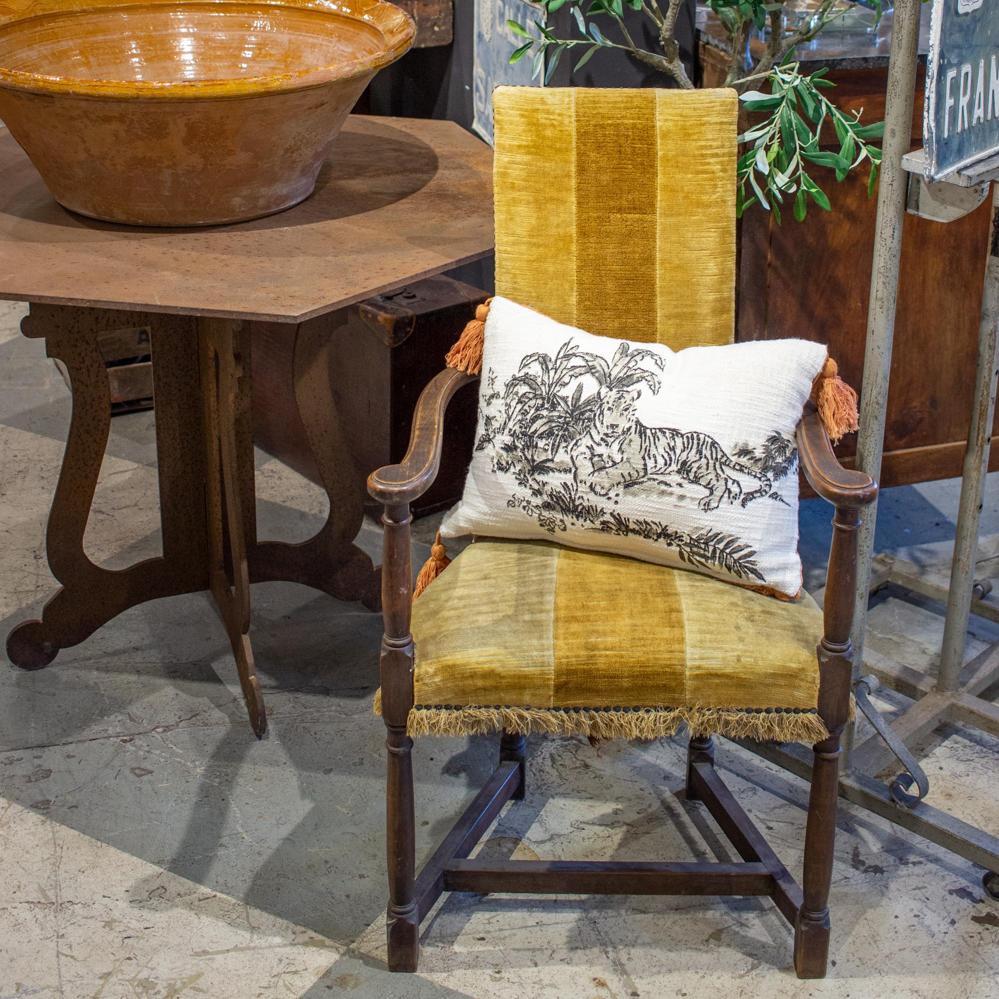 Antique Spanish Oak & Velvet Stripe Armchair with Fringe Detail 15
