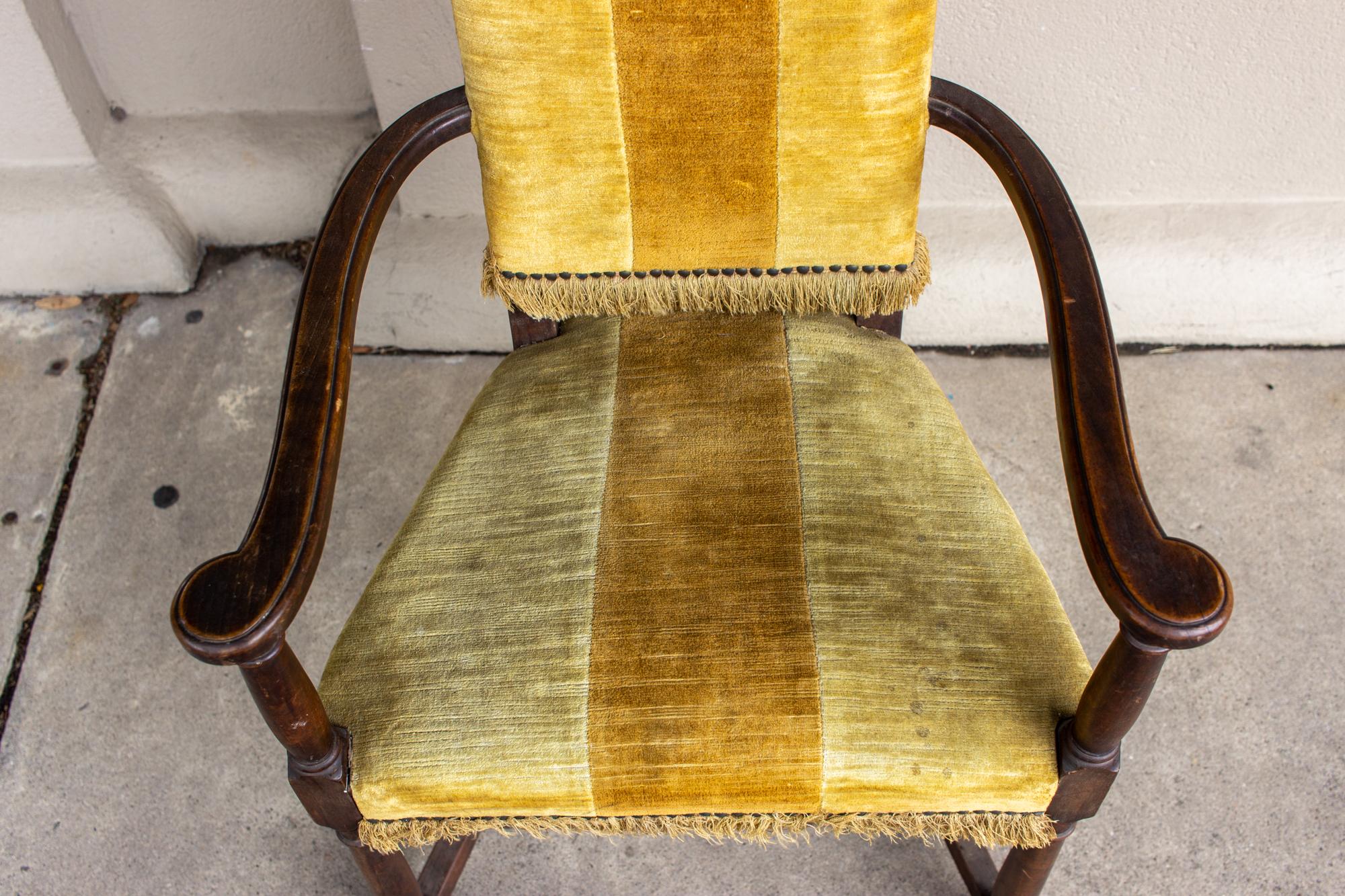 Antique Spanish Oak & Velvet Stripe Armchair with Fringe Detail In Good Condition In Houston, TX