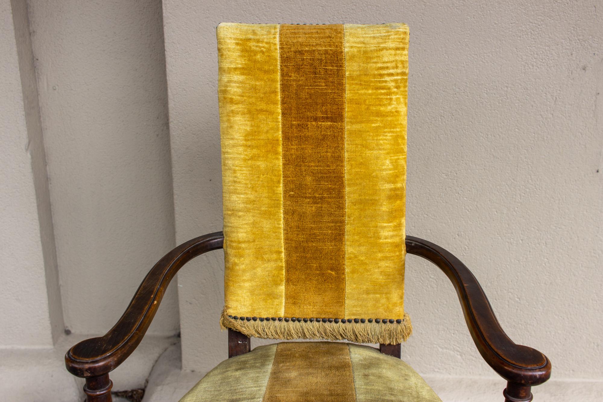 Early 20th Century Antique Spanish Oak & Velvet Stripe Armchair with Fringe Detail