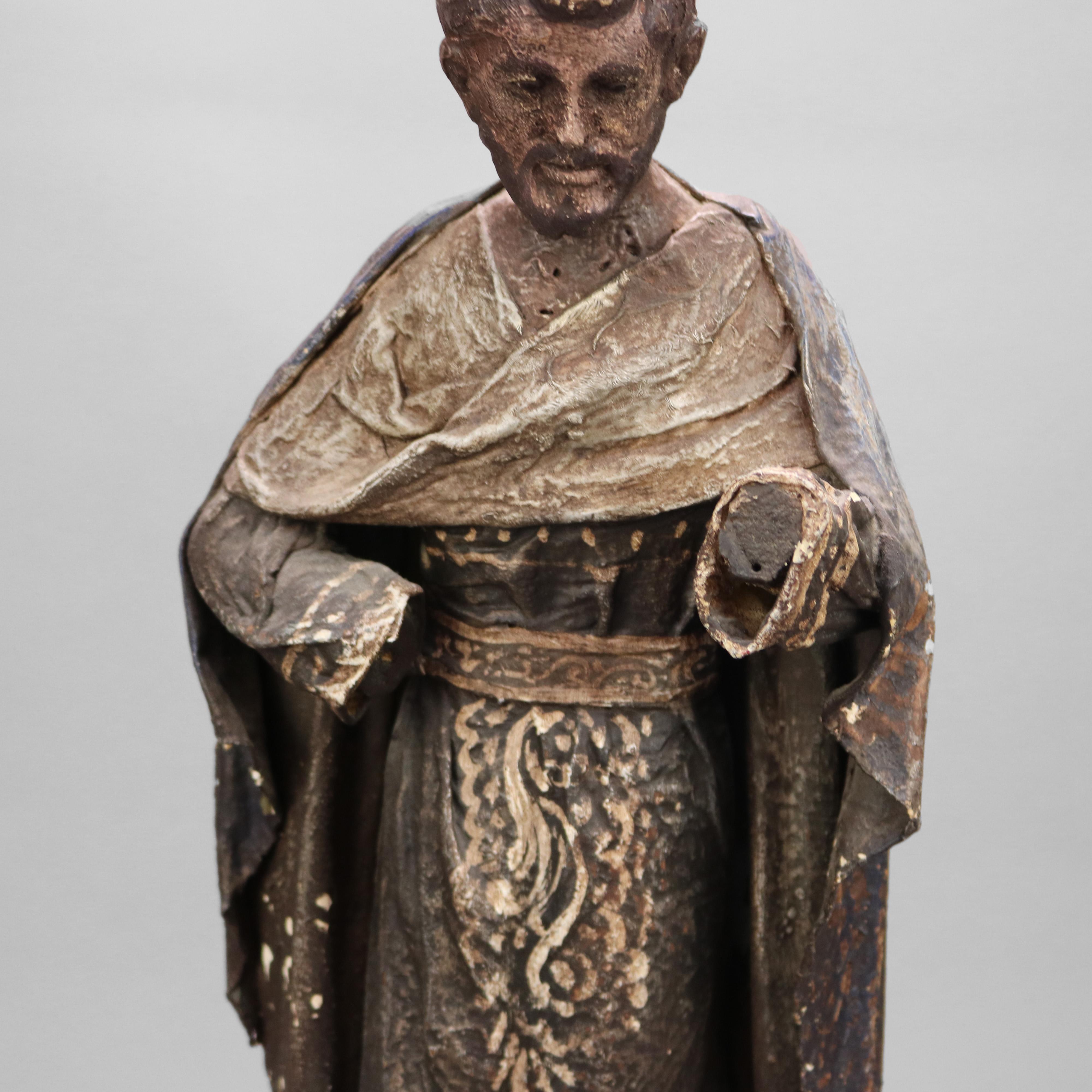 Antique Spanish or Italian Wood & Paper Mache Santos Figure, St. Anthony, 19th C In Good Condition In Big Flats, NY