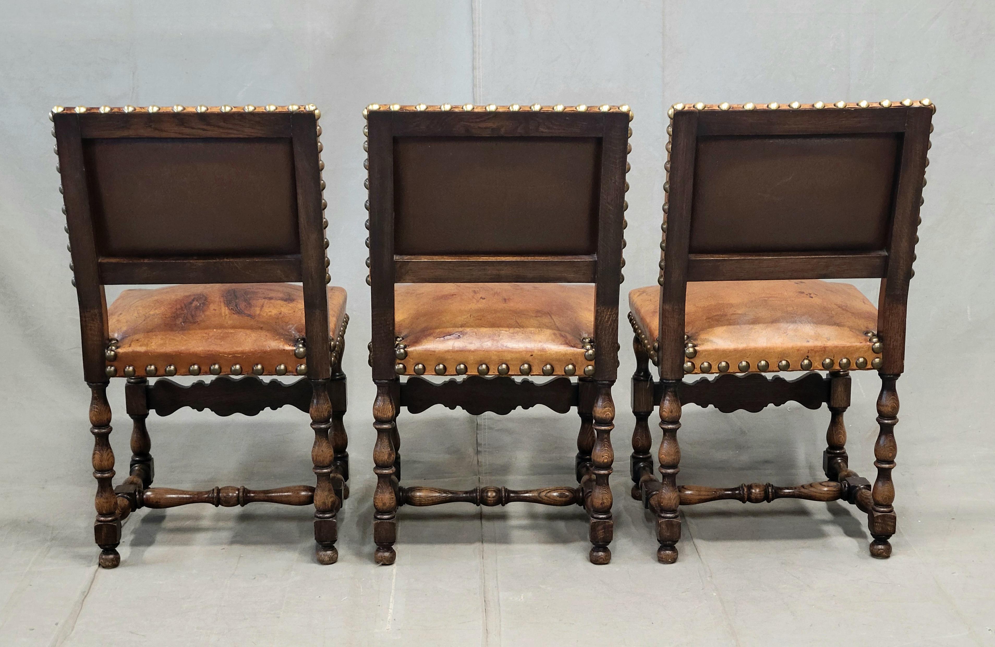 Antique Spanish or Renaissance Revival Oak and Leather Side Chairs - Set of 3 For Sale 5