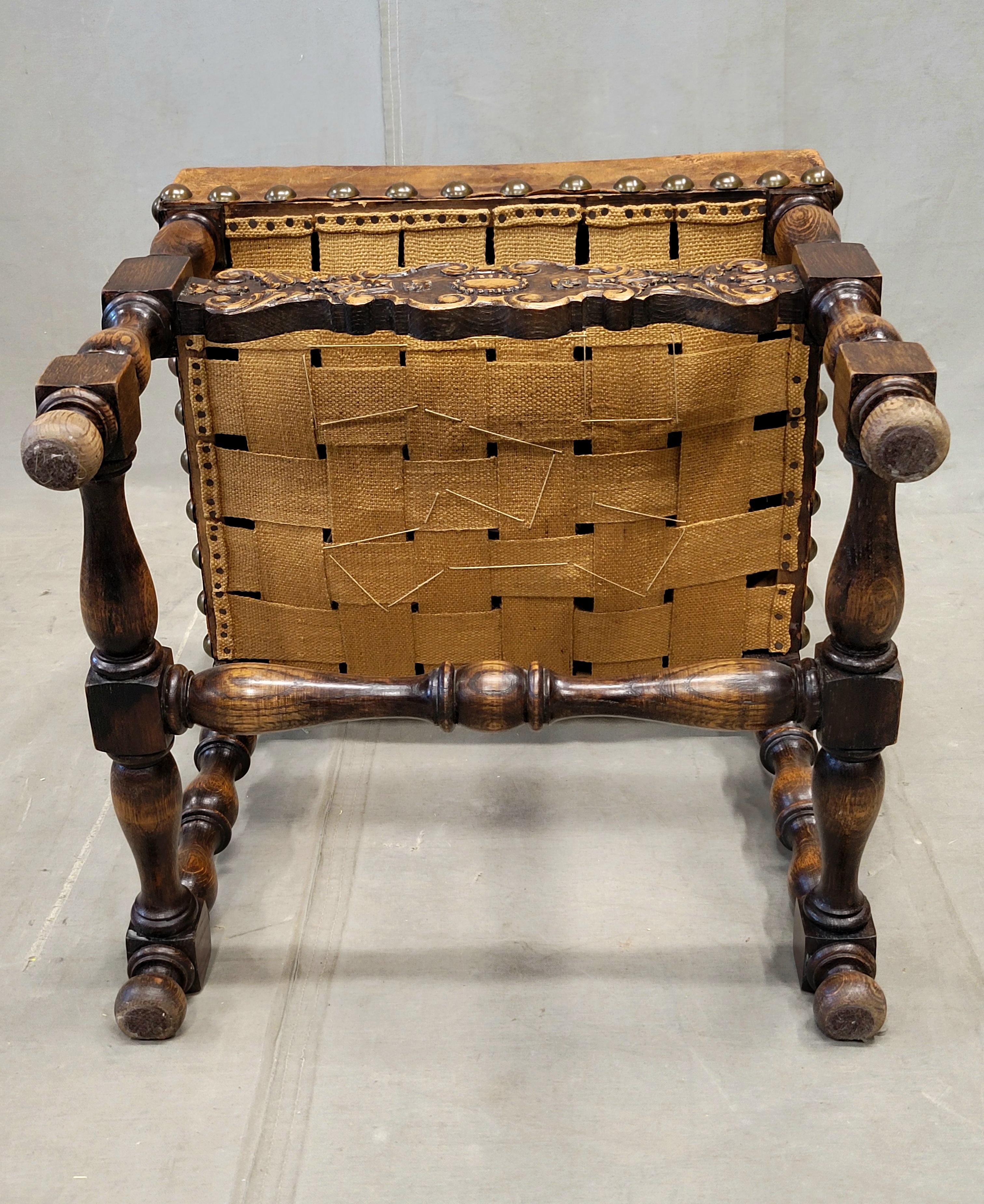 Antique Spanish or Renaissance Revival Oak and Leather Side Chairs - Set of 3 For Sale 6