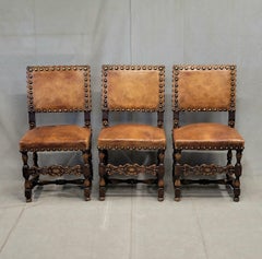 Antique Spanish or Renaissance Revival Oak and Leather Side Chairs - Set of 3