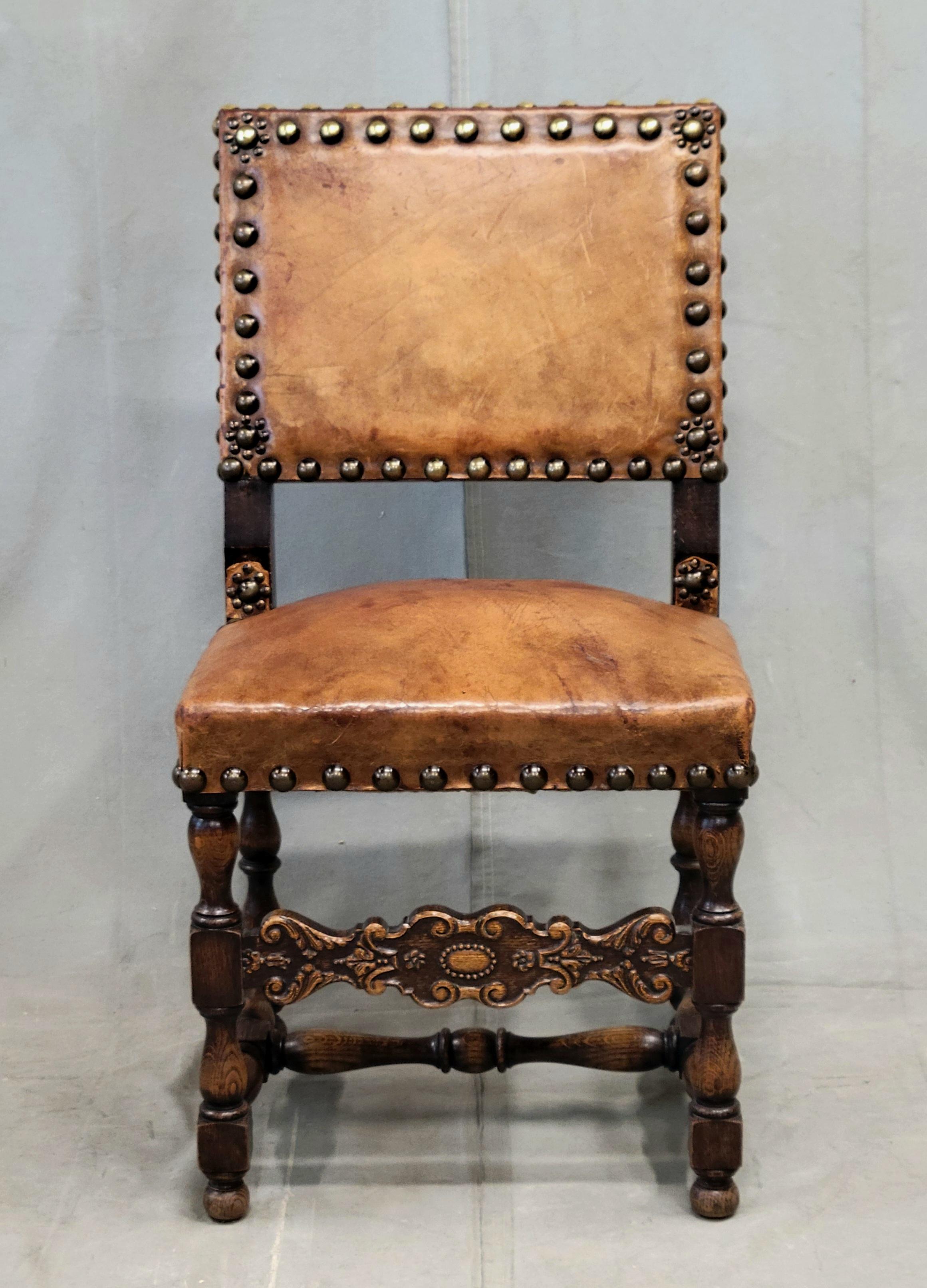 Antique Spanish or Renaissance Revival Oak and Leather Side Chairs - Set of 3 In Good Condition For Sale In Centennial, CO