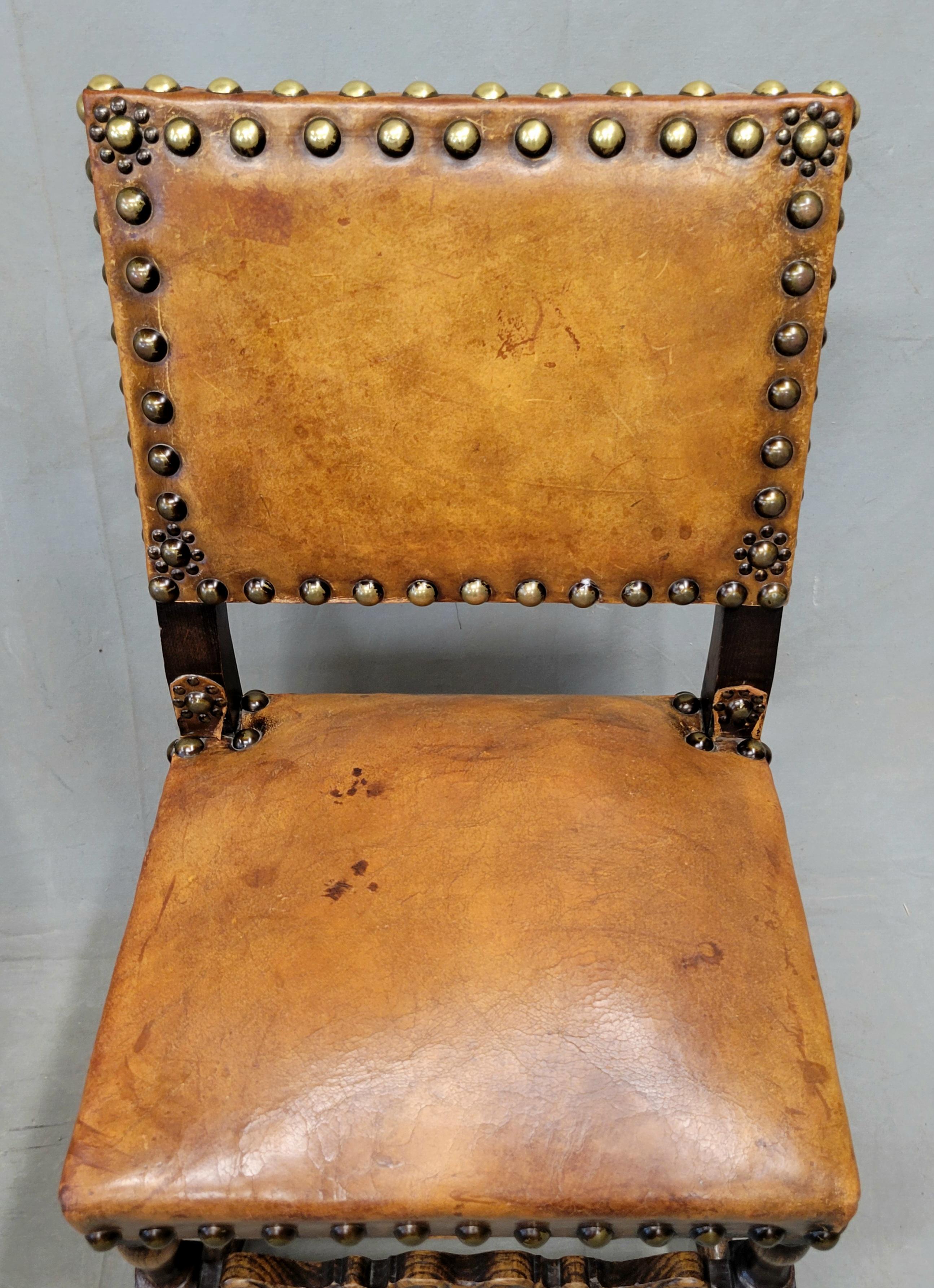 20th Century Antique Spanish or Renaissance Revival Oak and Leather Side Chairs - Set of 3 For Sale