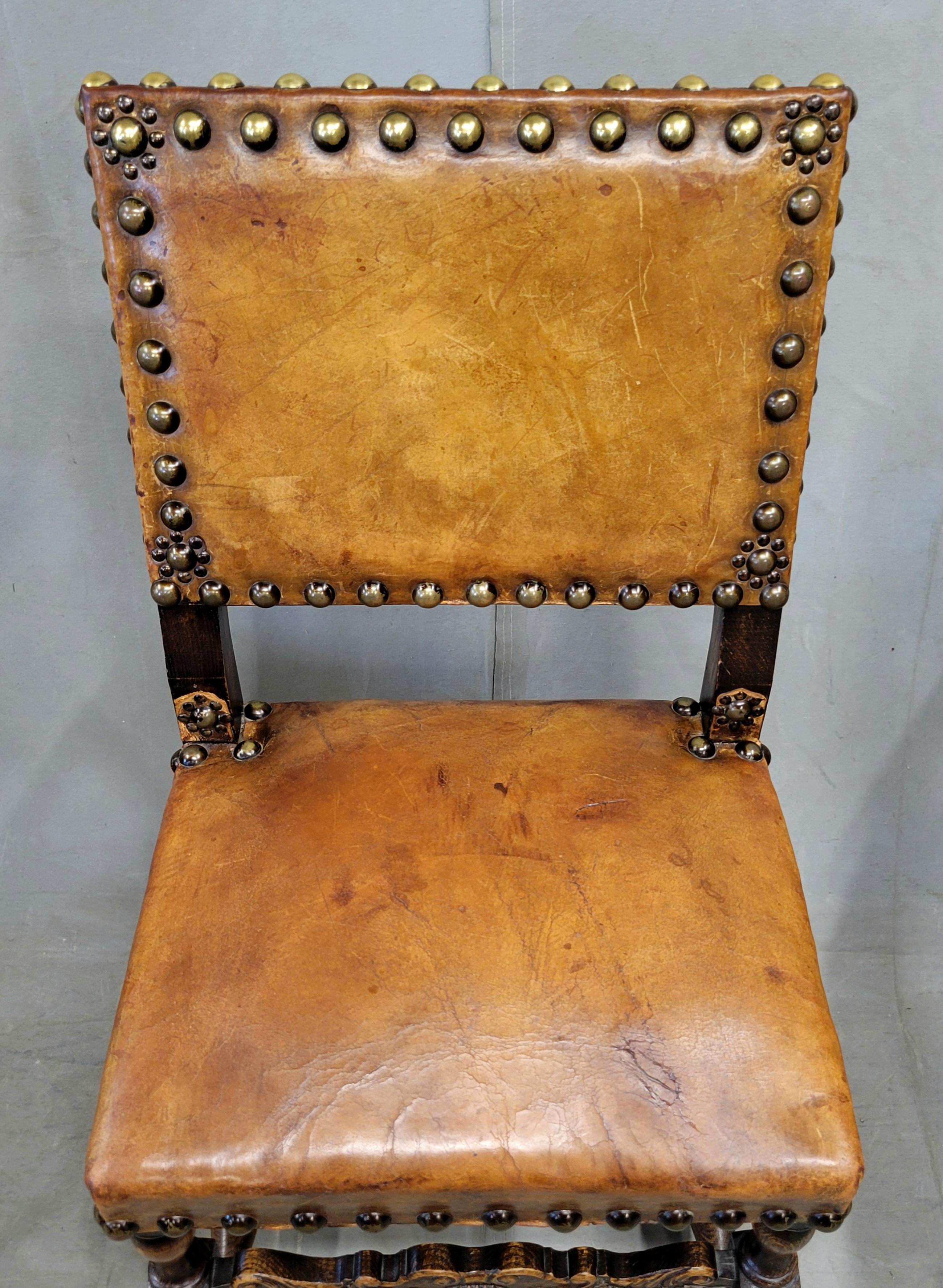 Brass Antique Spanish or Renaissance Revival Oak and Leather Side Chairs - Set of 3 For Sale