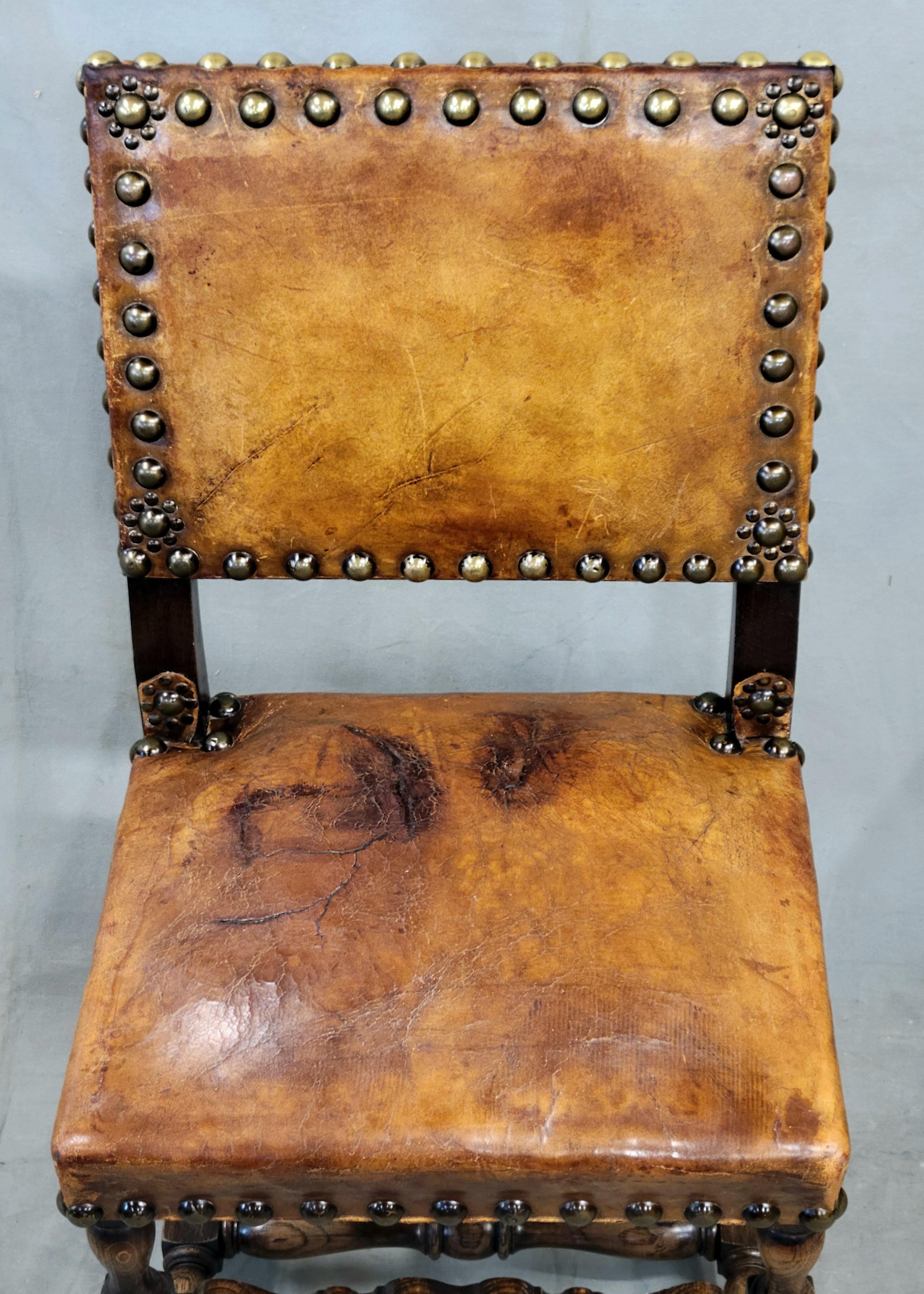Antique Spanish or Renaissance Revival Oak and Leather Side Chairs - Set of 3 For Sale 1