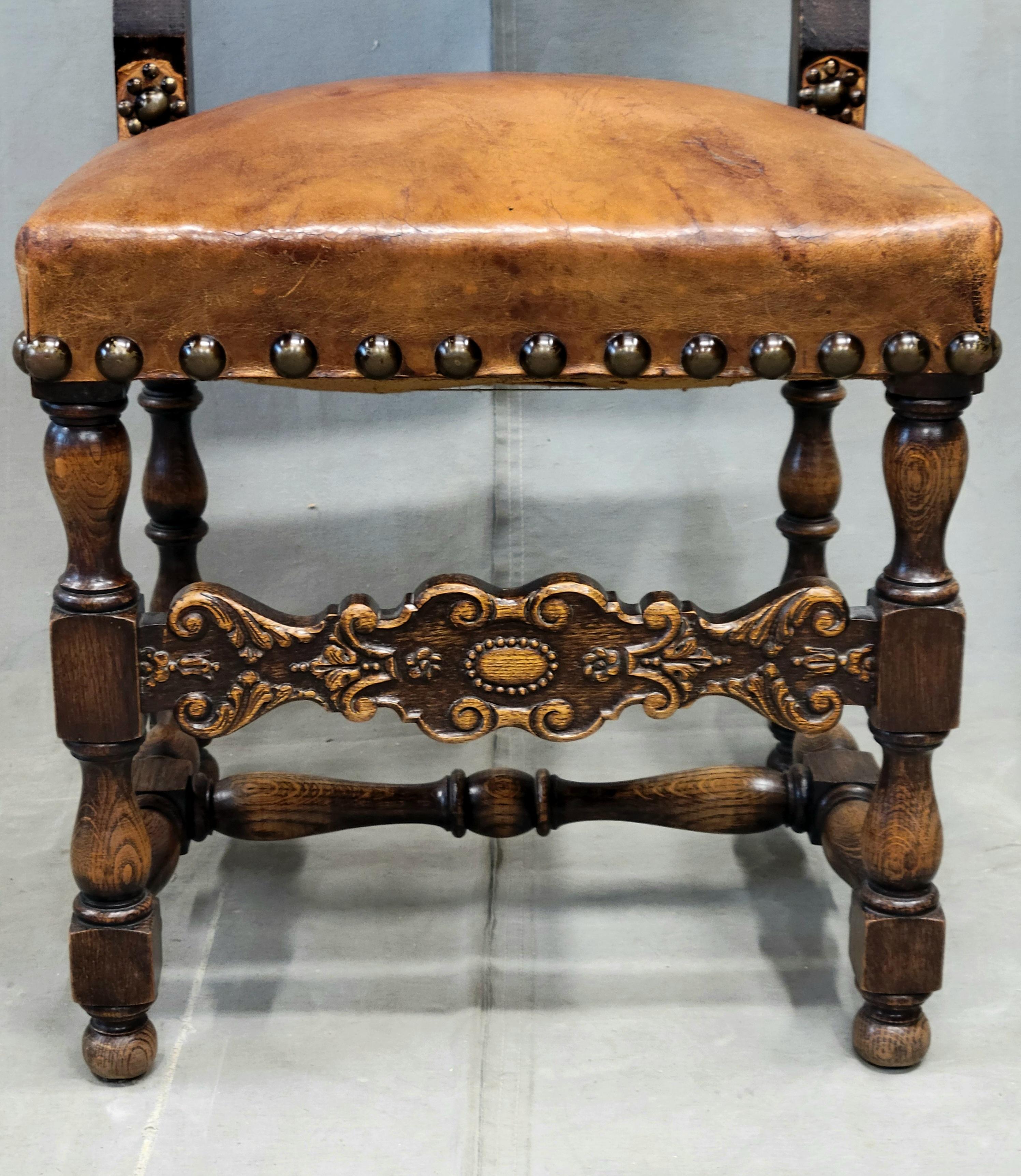 Antique Spanish or Renaissance Revival Oak and Leather Side Chairs - Set of 3 For Sale 3