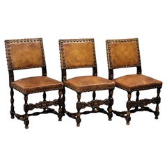 Antique Spanish or Renaissance Revival Oak and Leather Side Chairs - Set of 3