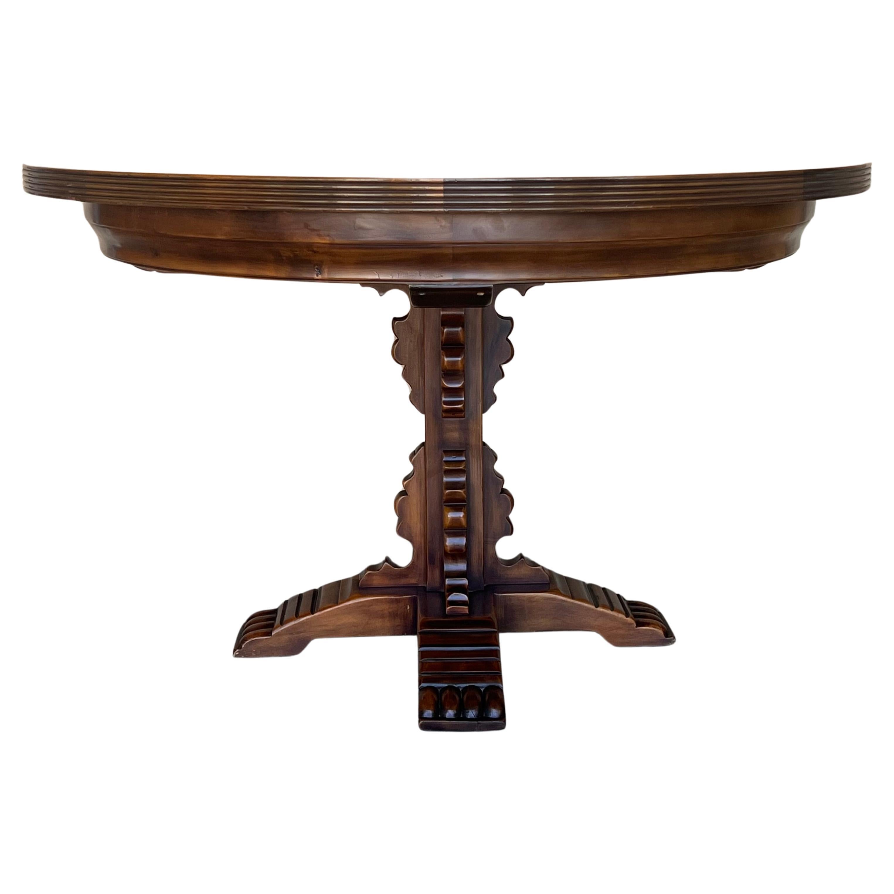 Antique Spanish Pedestal Figural Carved Round Dining Table For Sale