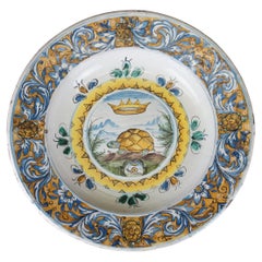 Antique Spanish Polychome Faience Majolica Crowned Turtle Snail Basin Bowl 18"