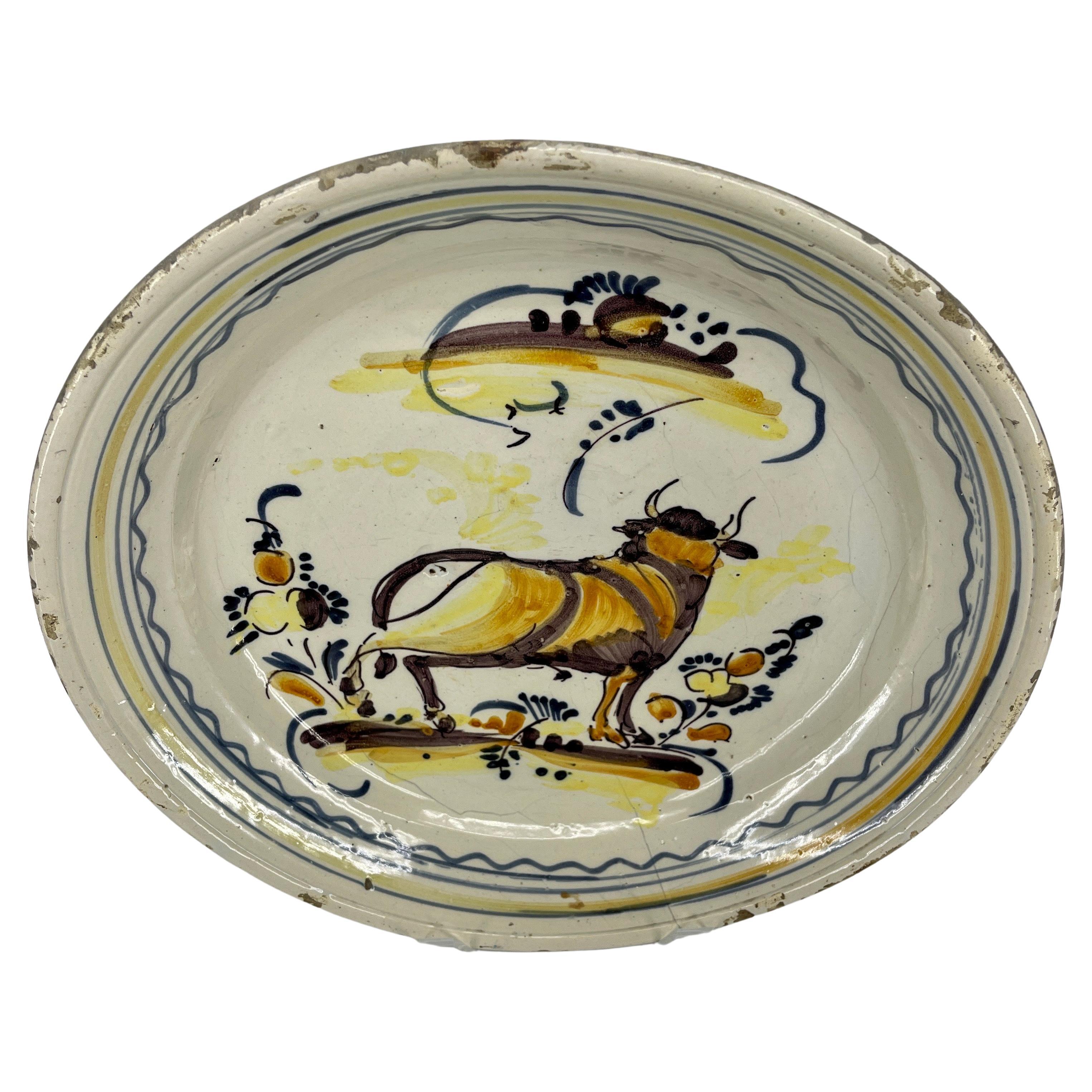 Folk Art Antique Spanish Polychrome Ceramic Charger with a Bull Decoration For Sale